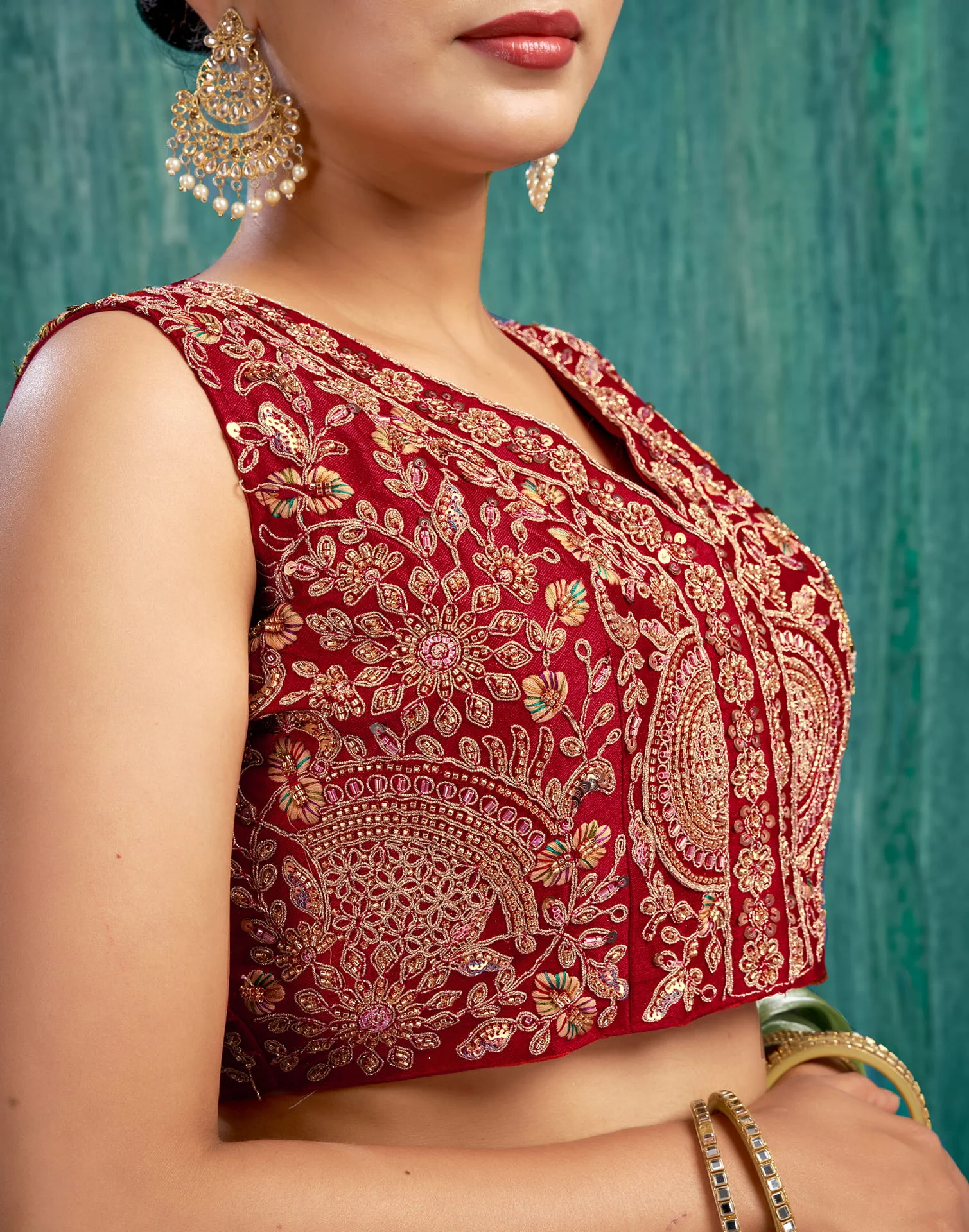 Red Silk Plain Embroidery Blouse - Image 6