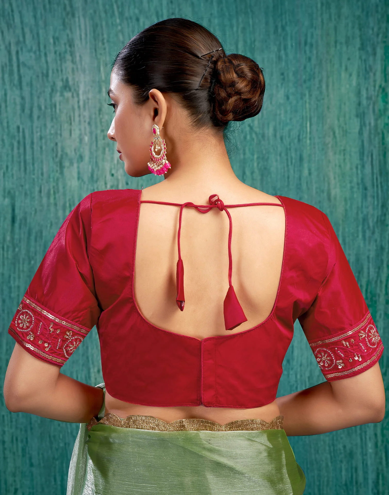 Red Silk Plain Embroidery Blouse - Image 2