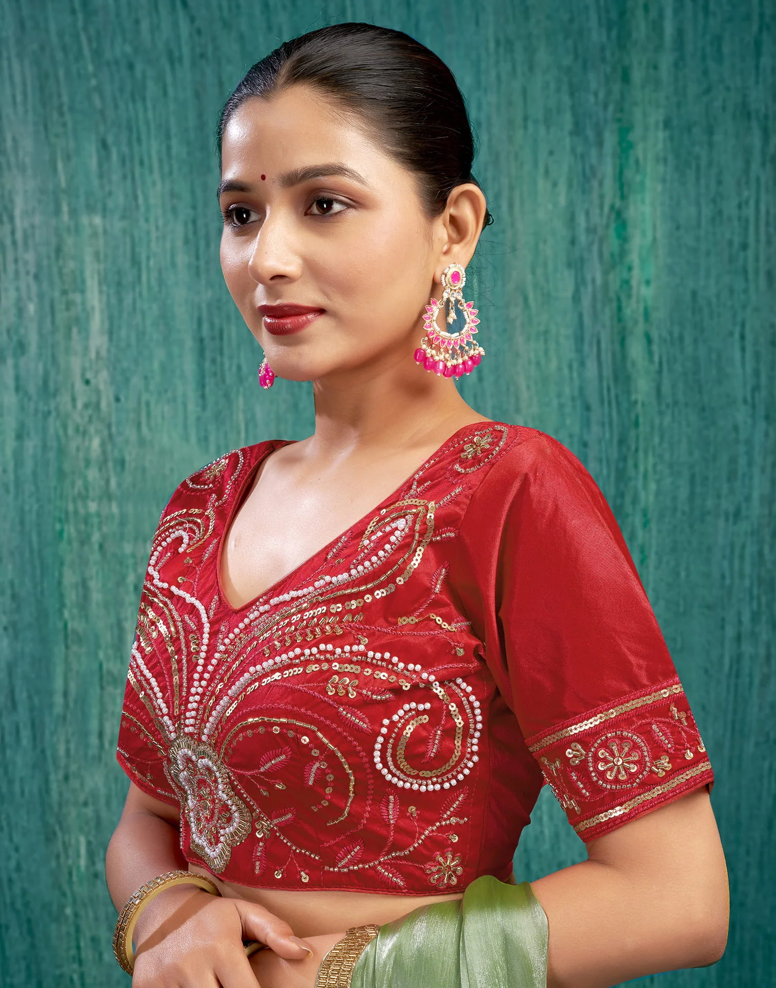 Red Silk Plain Embroidery Blouse - Image 4