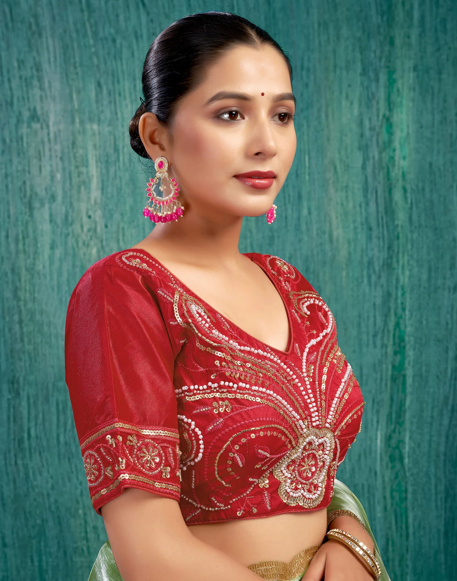 Red Silk Plain Embroidery Blouse - Image 5