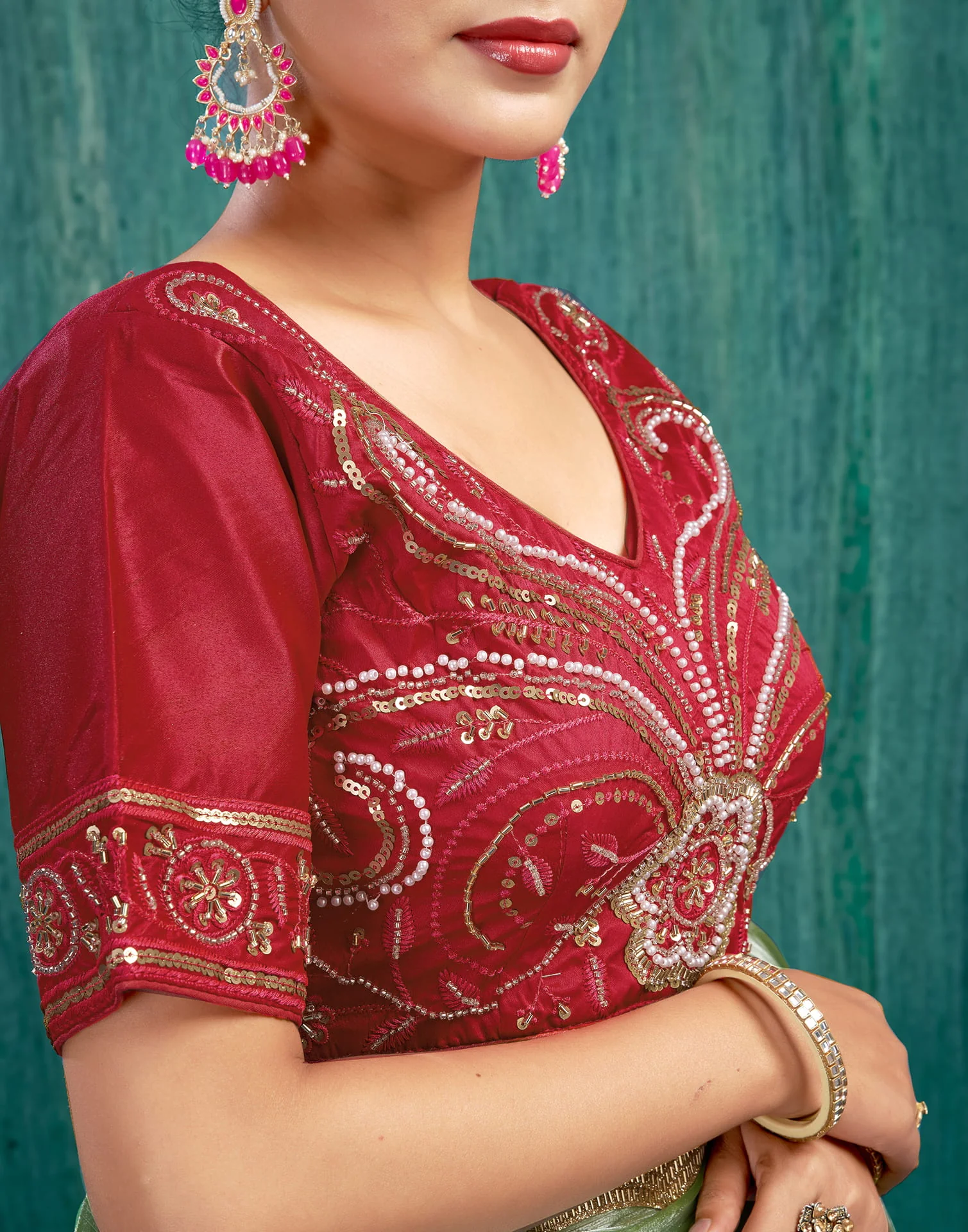 Red Silk Plain Embroidery Blouse - Image 6