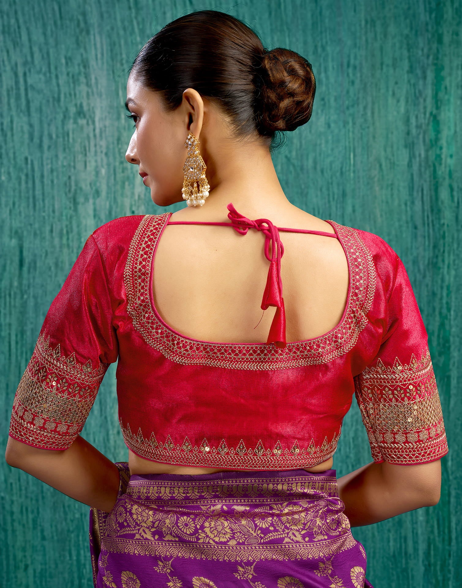 Red Silk Plain Sequence Blouse - Image 2