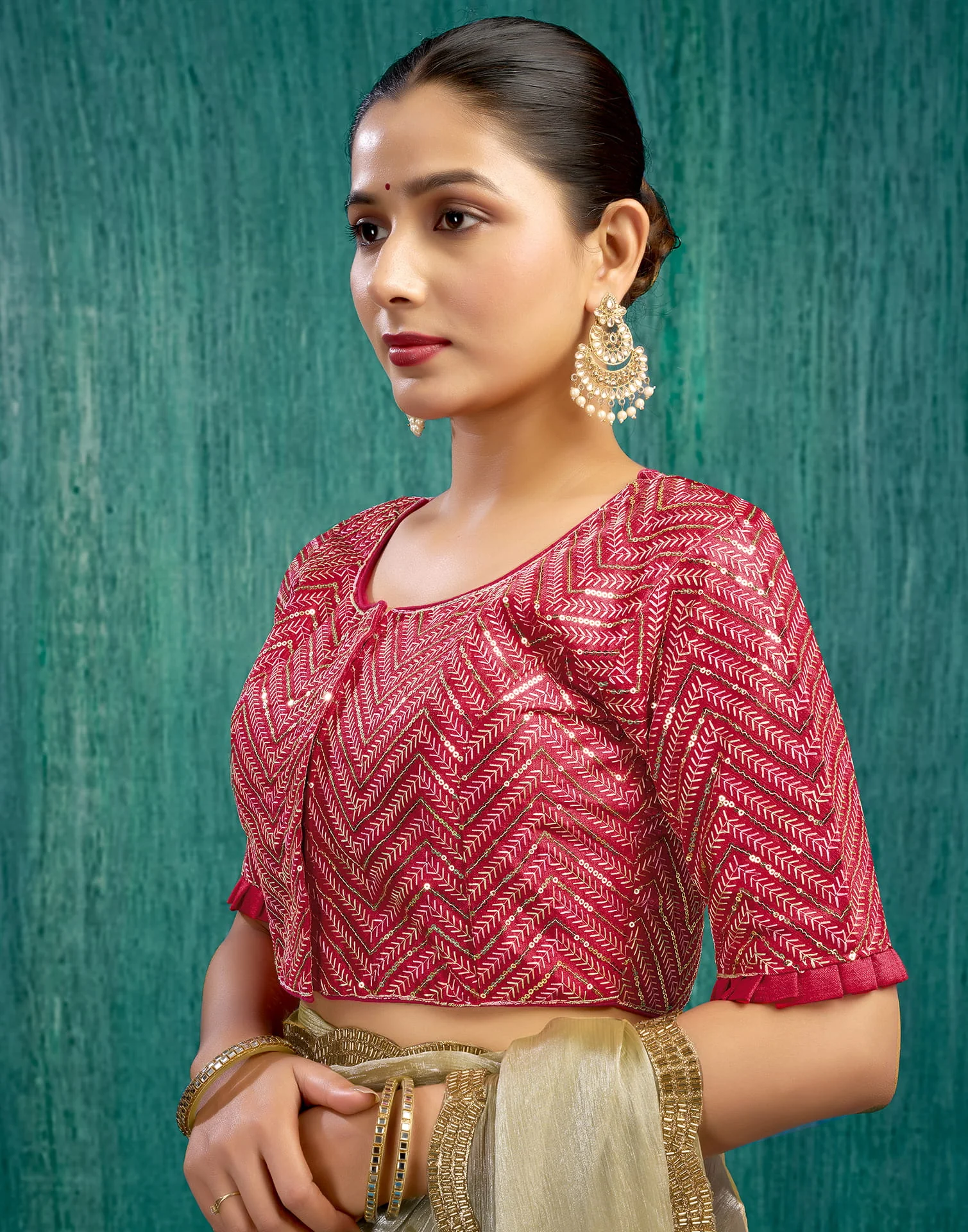 Red Silk Plain Sequence Blouse - Image 4