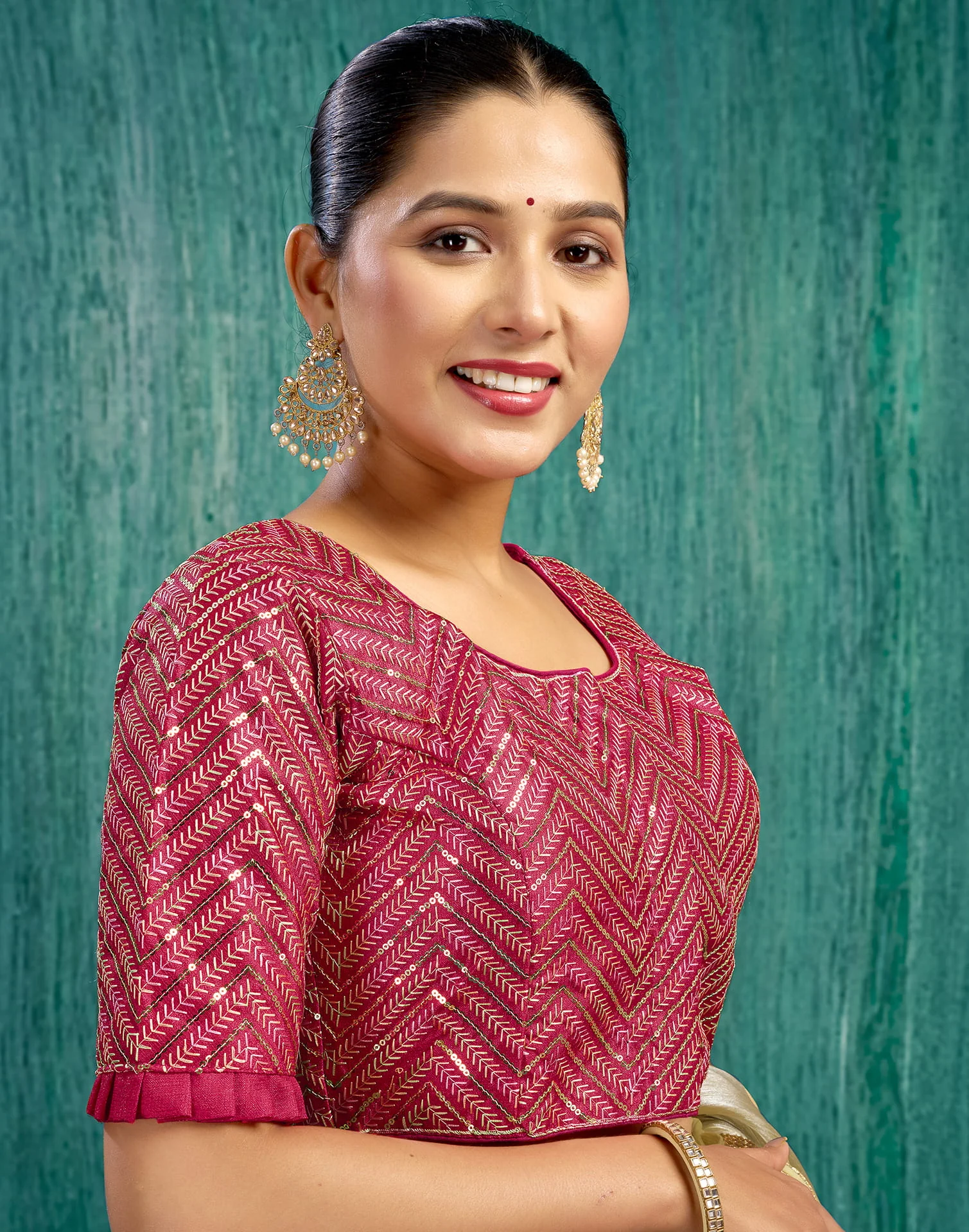 Red Silk Plain Sequence Blouse - Image 5