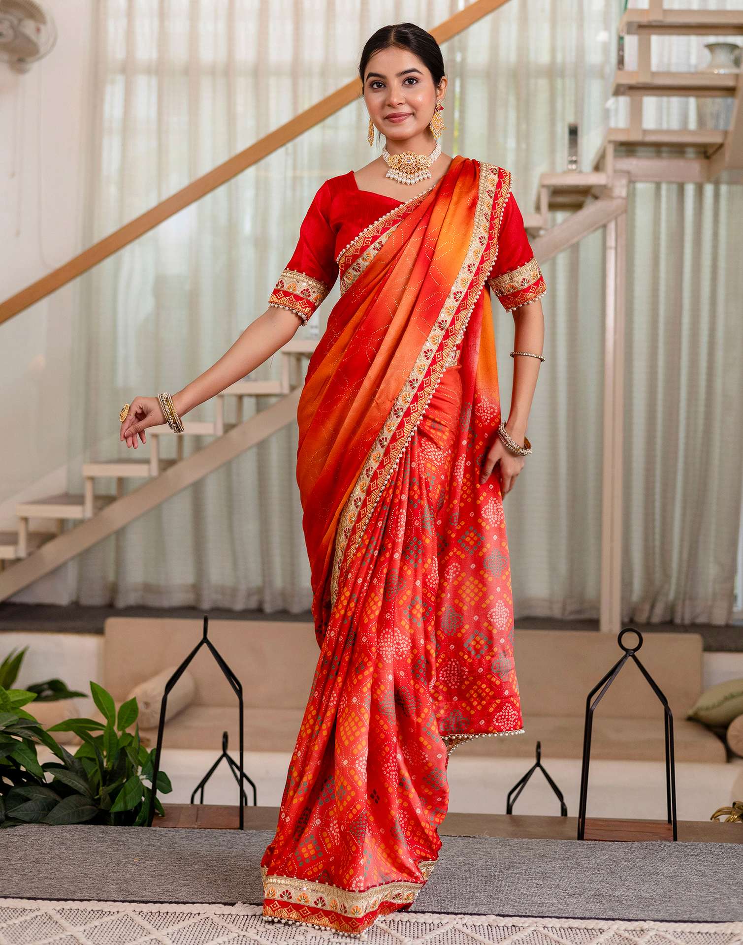 Red Silk Printed Bandhani Saree - Image 4