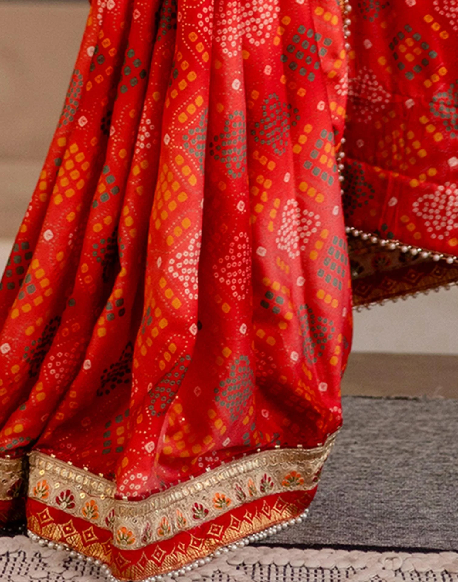 Red Silk Printed Bandhani Saree - Image 9