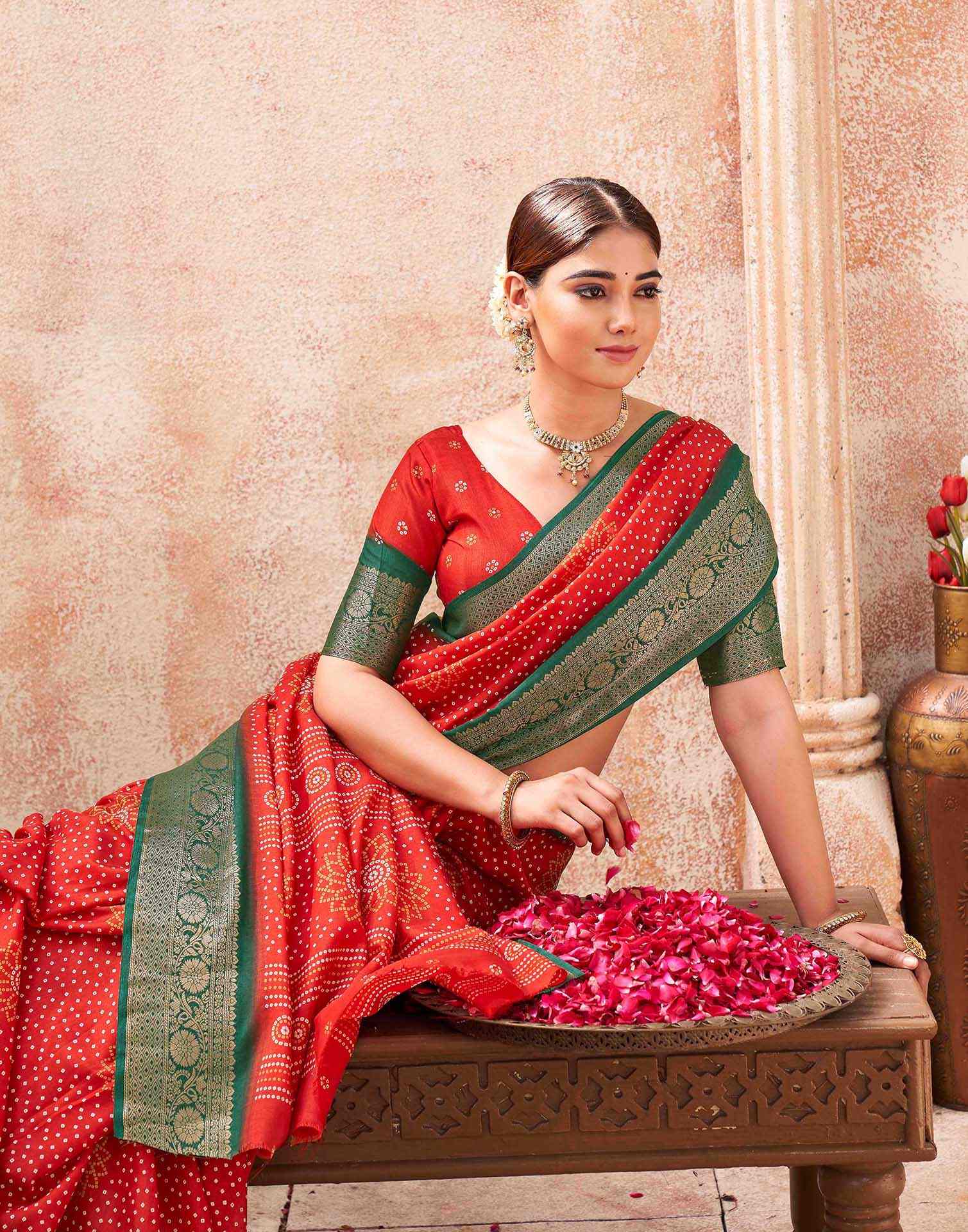 Red Silk Printed Bandhani Saree - Image 2