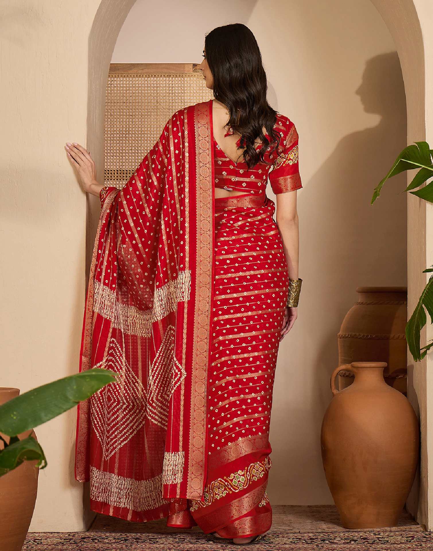 Red Silk Printed Bandhani Saree - Image 6