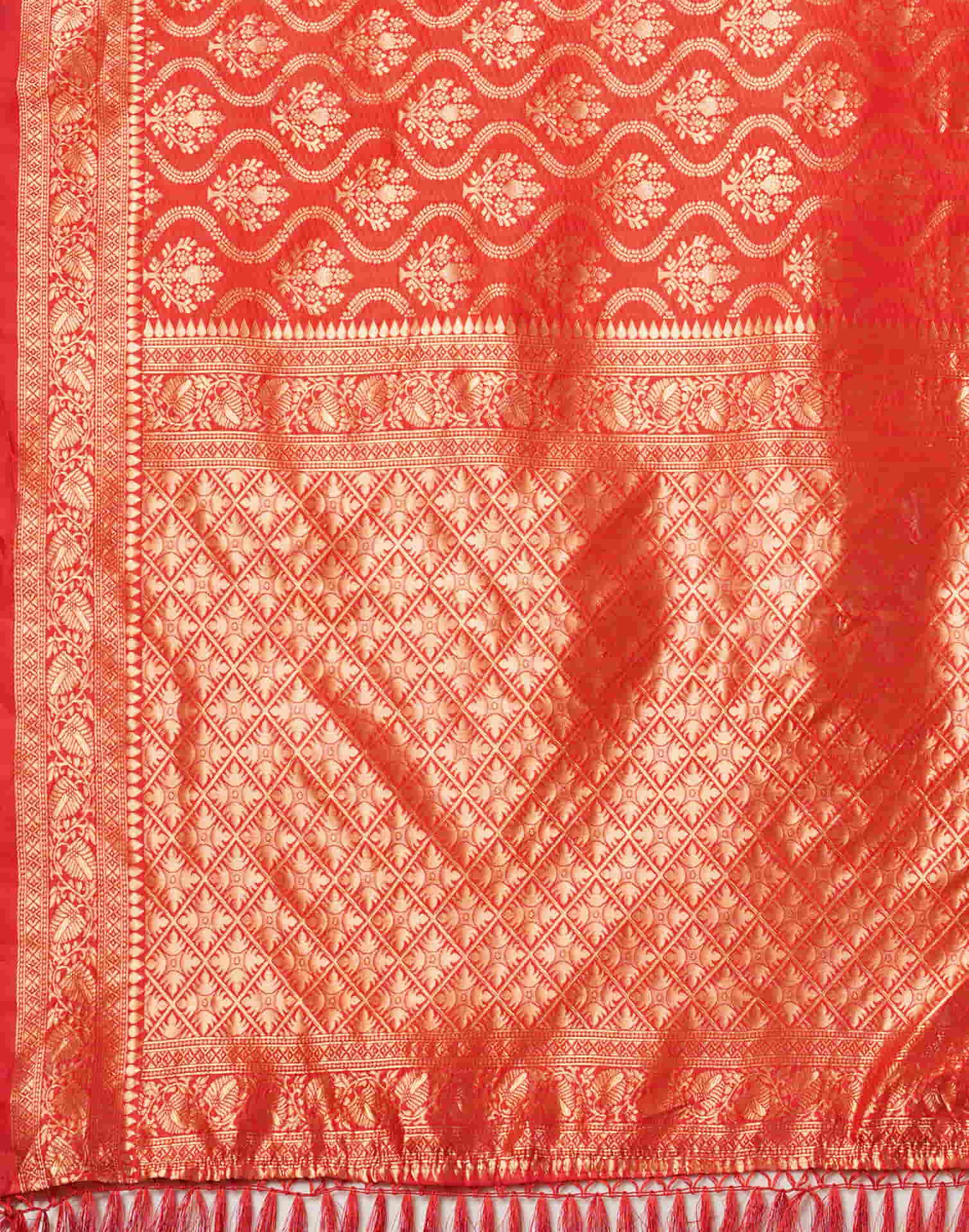 Red Silk Blend Woven Banarasi Saree - Image 8