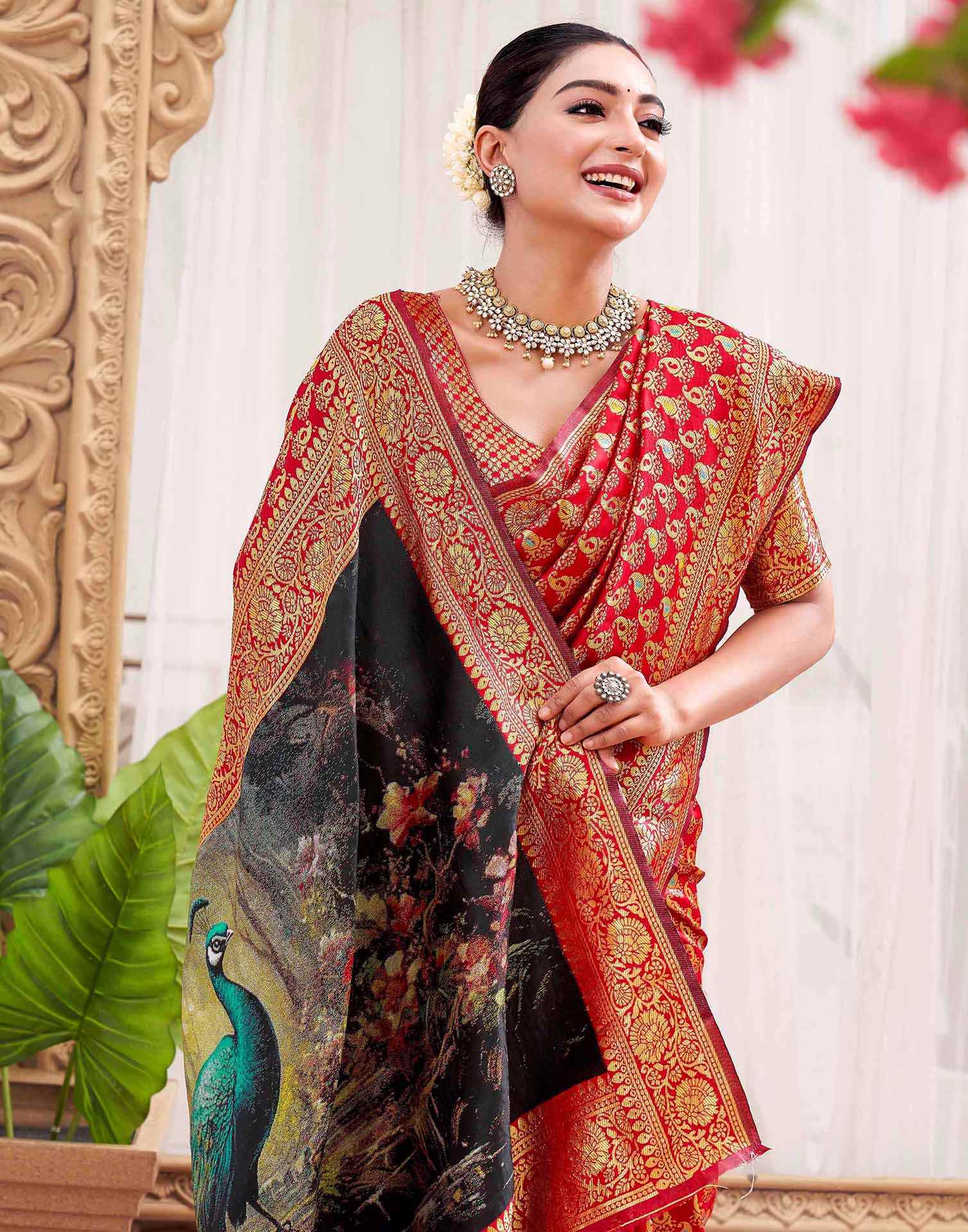 Red Silk Woven Banarasi Saree - Image 2