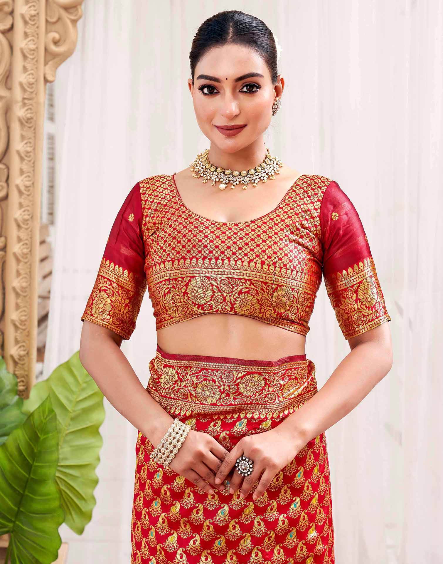 Red Silk Woven Banarasi Saree - Image 9