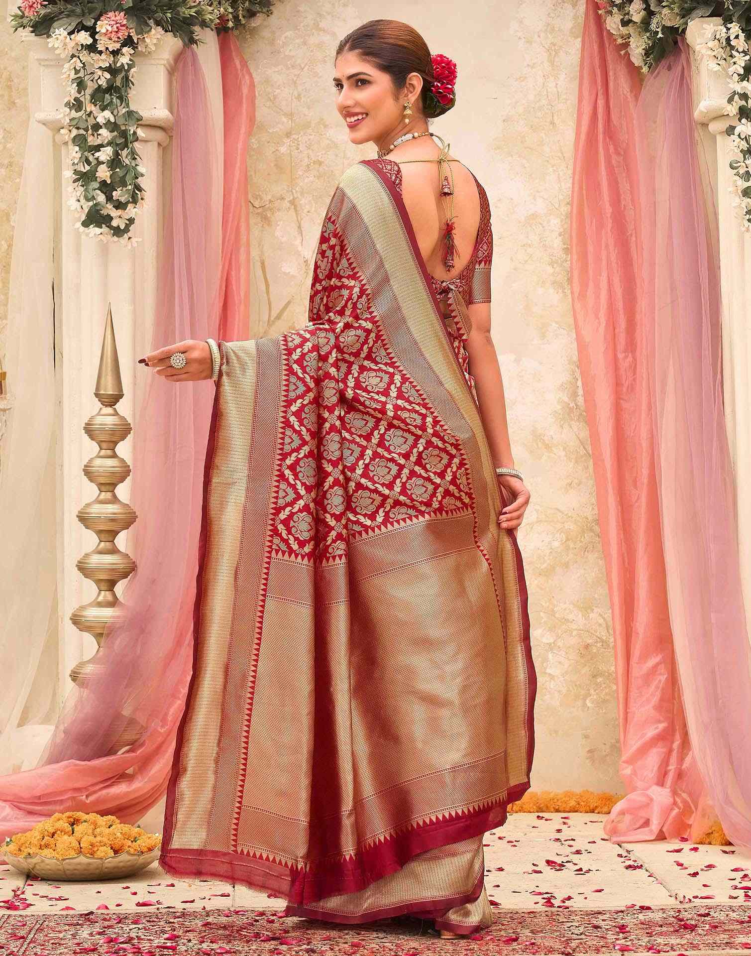 Red Silk Woven Banarasi Saree - Image 6