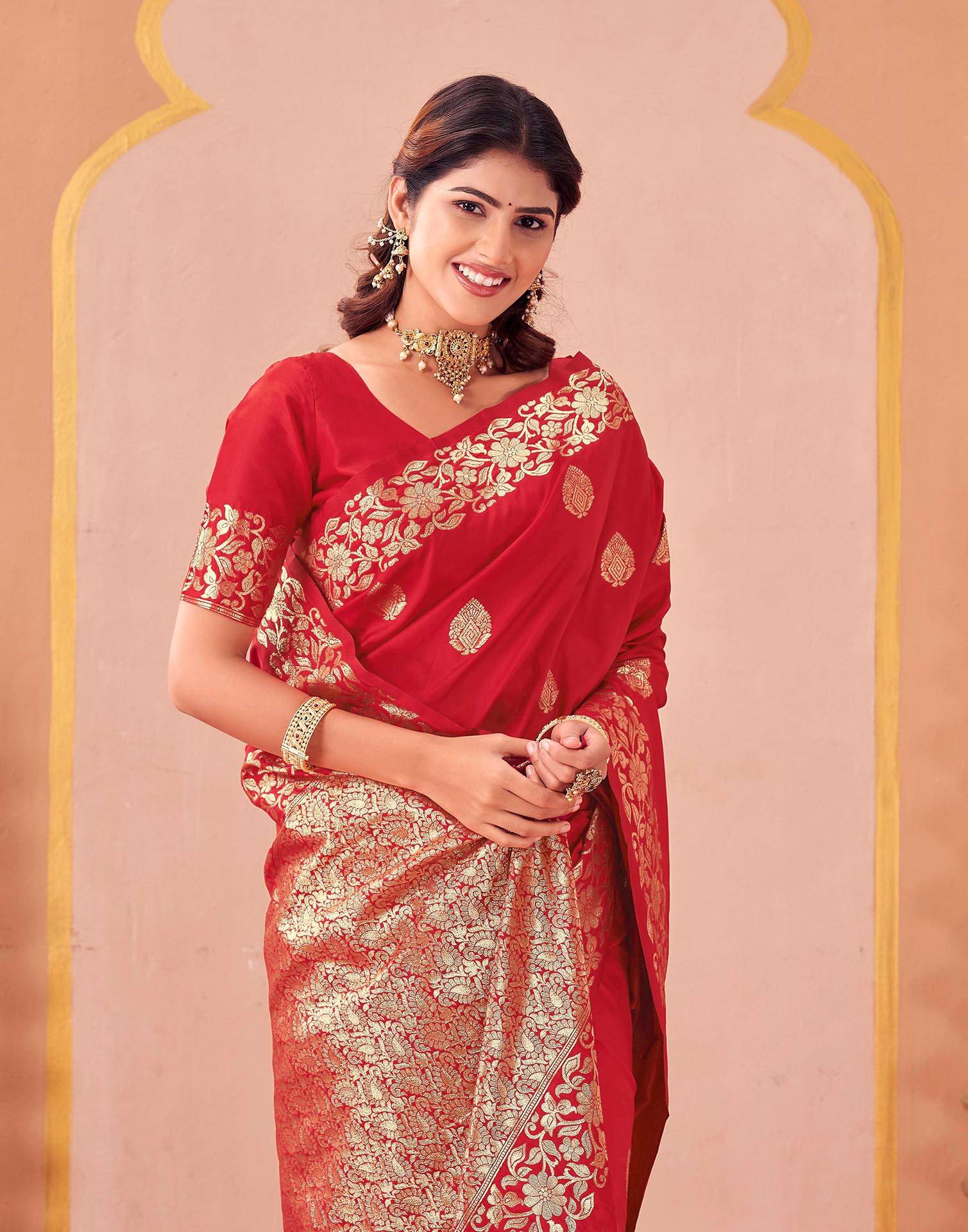 Red Silk Woven Banarasi Saree - Image 2