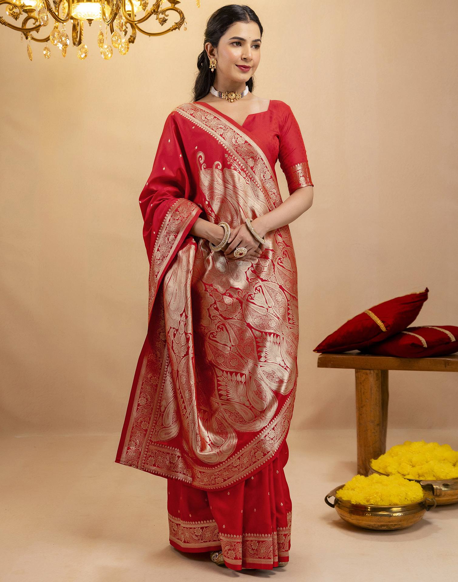 Red Silk Woven Banarasi Saree - Image 11