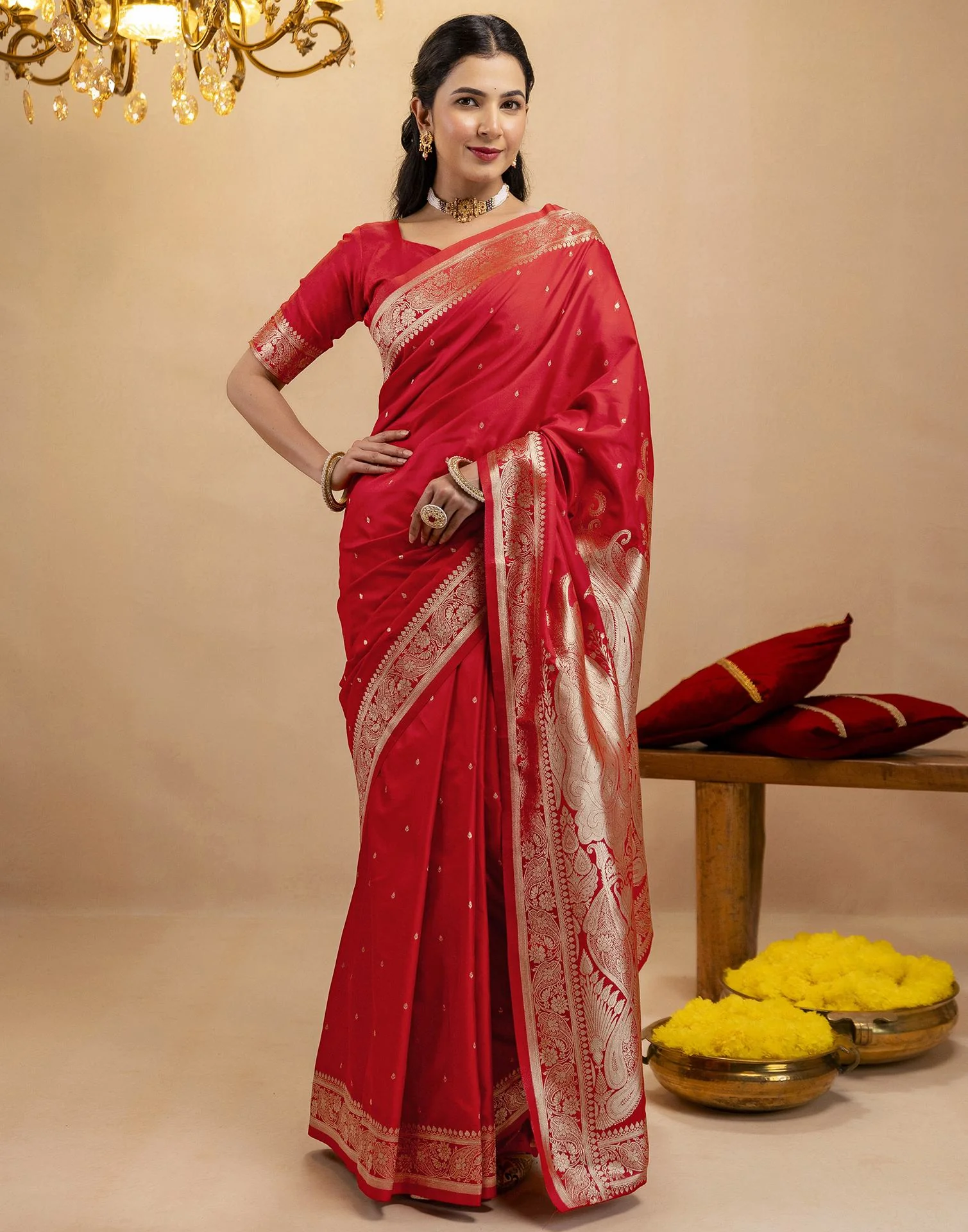 Red Silk Woven Banarasi Saree - Image 2