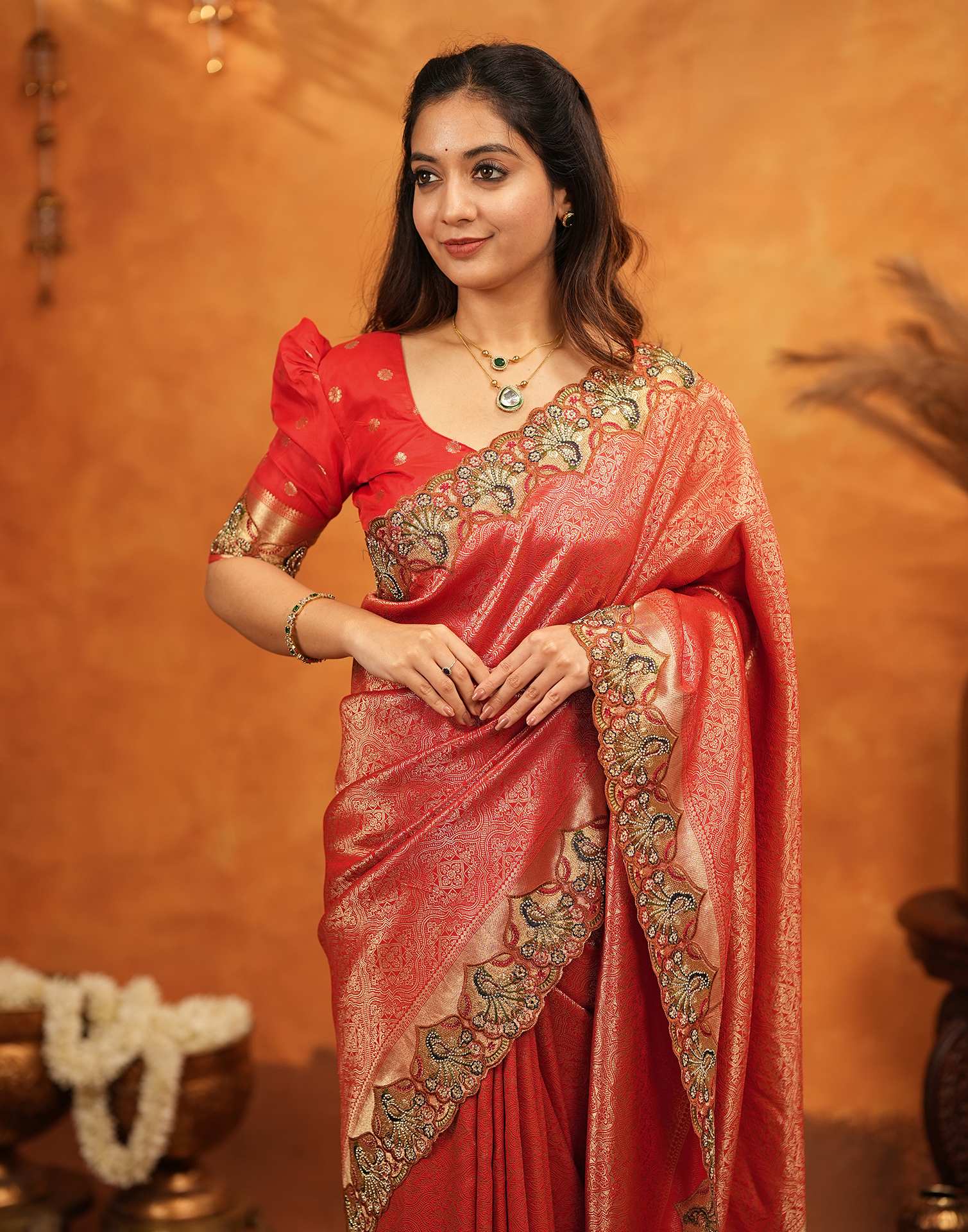 Red Silk Woven Embroidery Stone Work Banarasi Saree - Image 10