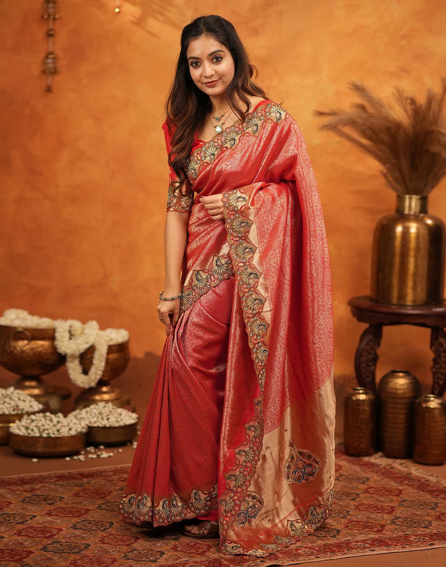 Red Silk Woven Embroidery Stone Work Banarasi Saree - Image 5