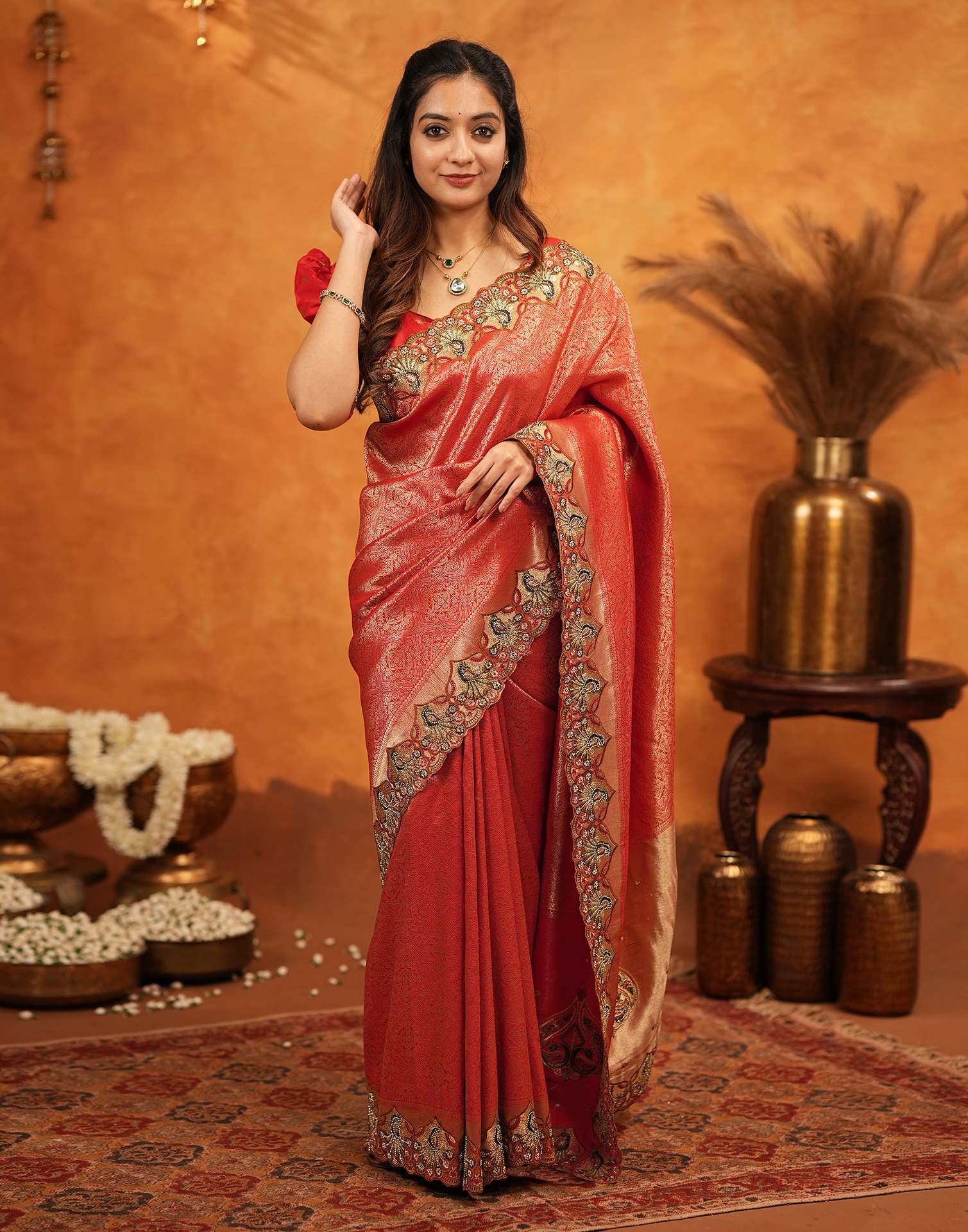 Red Silk Woven Embroidery Stone Work Banarasi Saree - Image 6