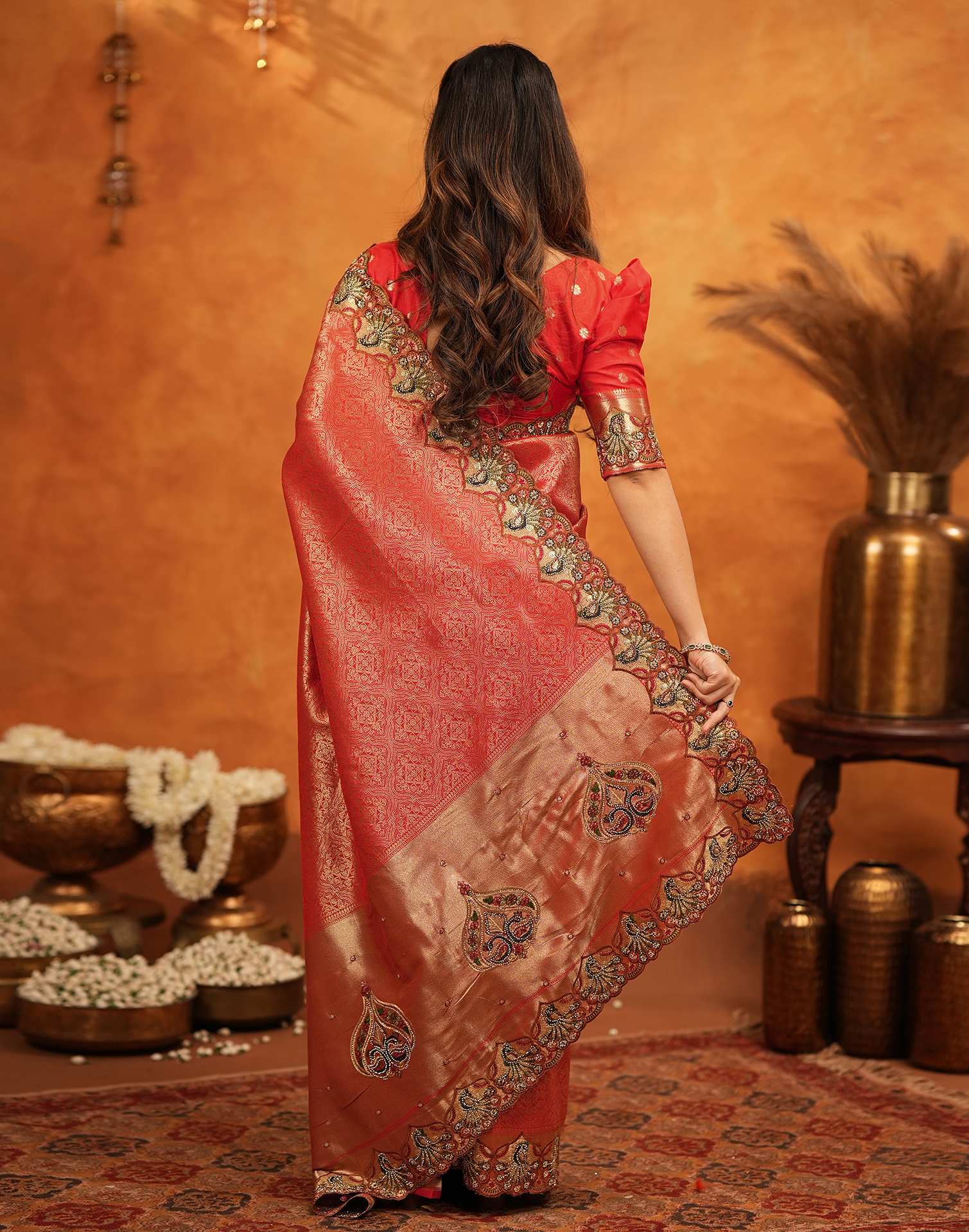 Red Silk Woven Embroidery Stone Work Banarasi Saree - Image 7