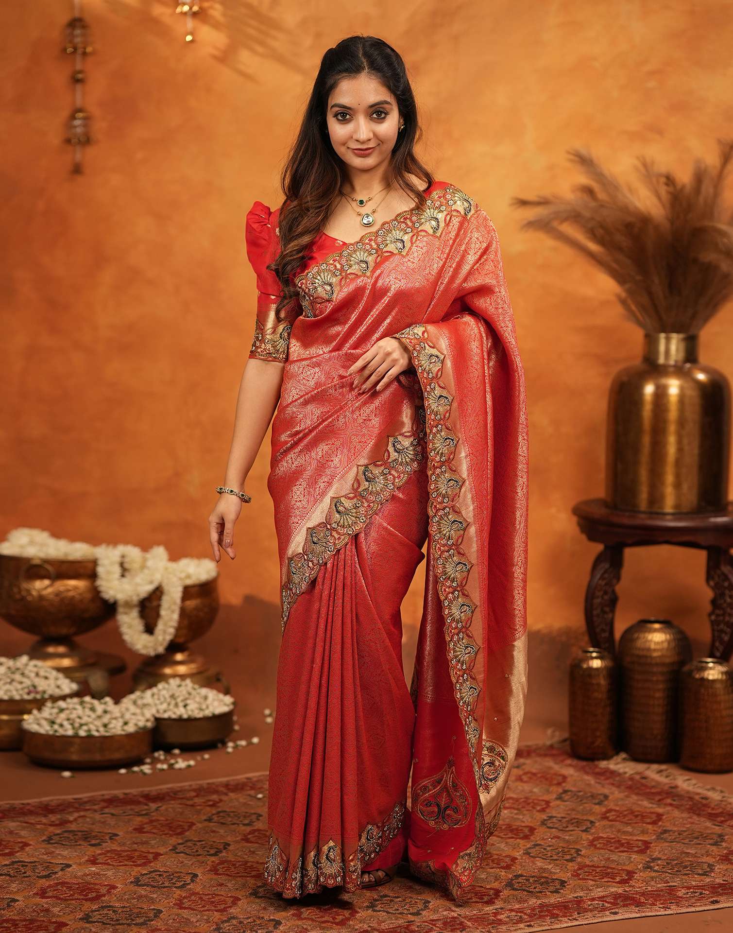 Red Silk Woven Embroidery Stone Work Banarasi Saree - Image 8