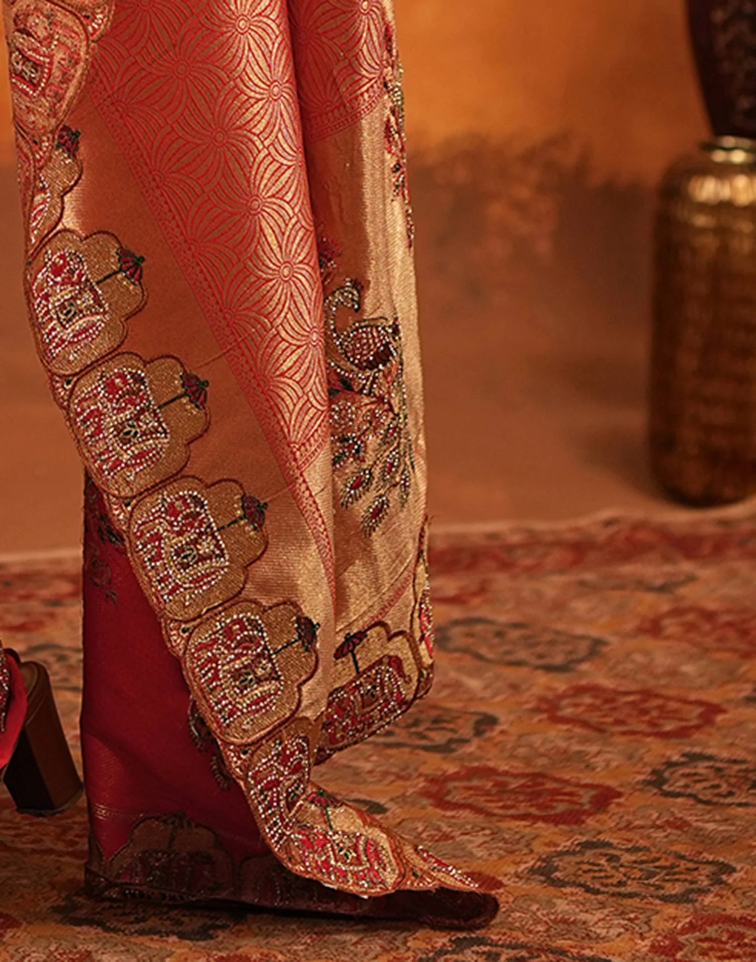 Red Silk Woven Embroidery Stone Work Banarasi Saree - Image 12