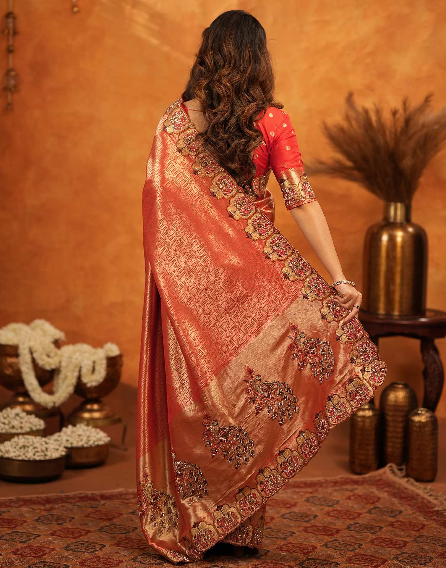 Red Silk Woven Embroidery Stone Work Banarasi Saree - Image 6