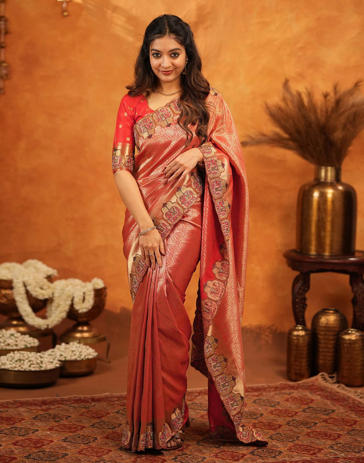 Red Silk Woven Embroidery Stone Work Banarasi Saree - Image 7