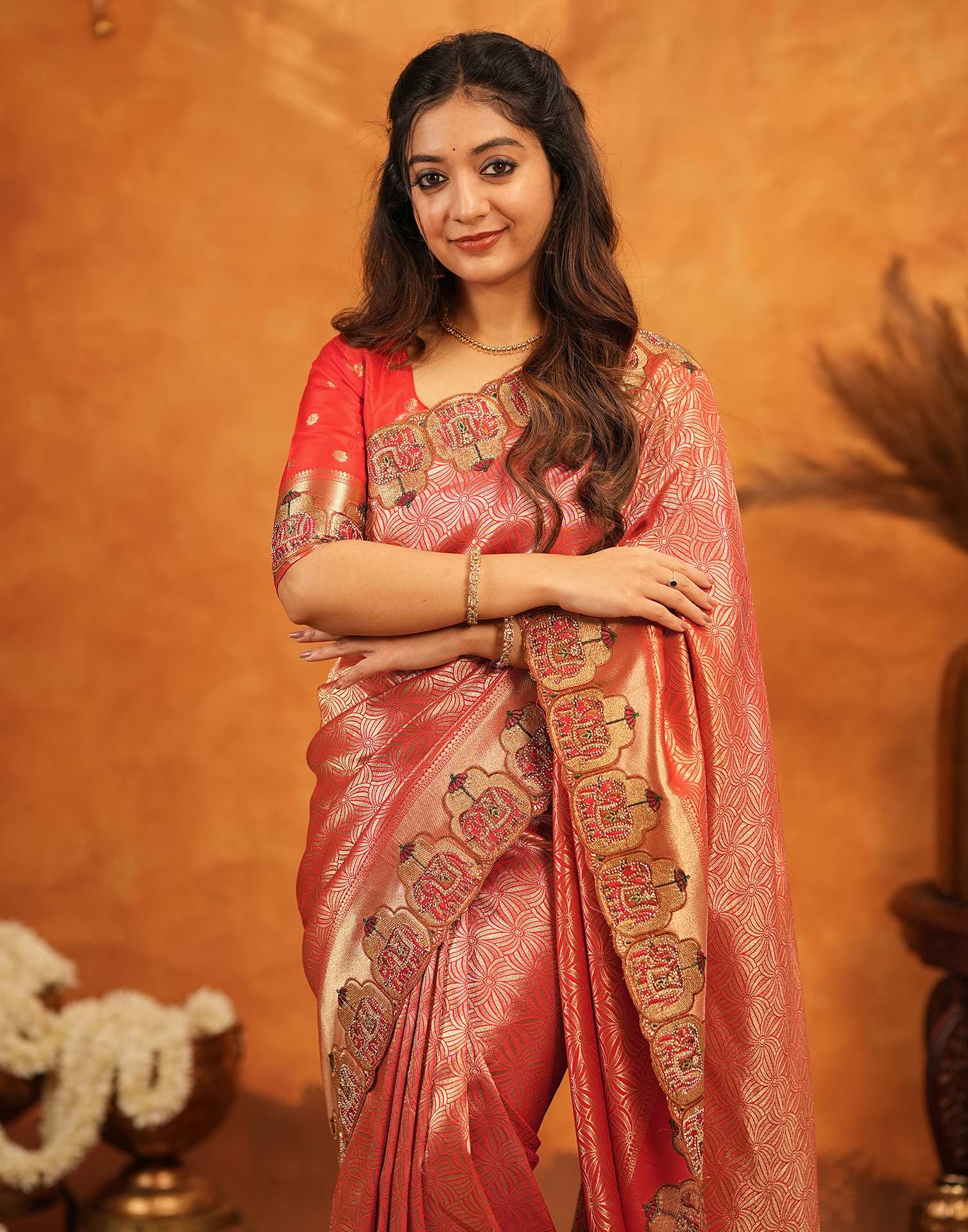 Red Silk Woven Embroidery Stone Work Banarasi Saree - Image 9