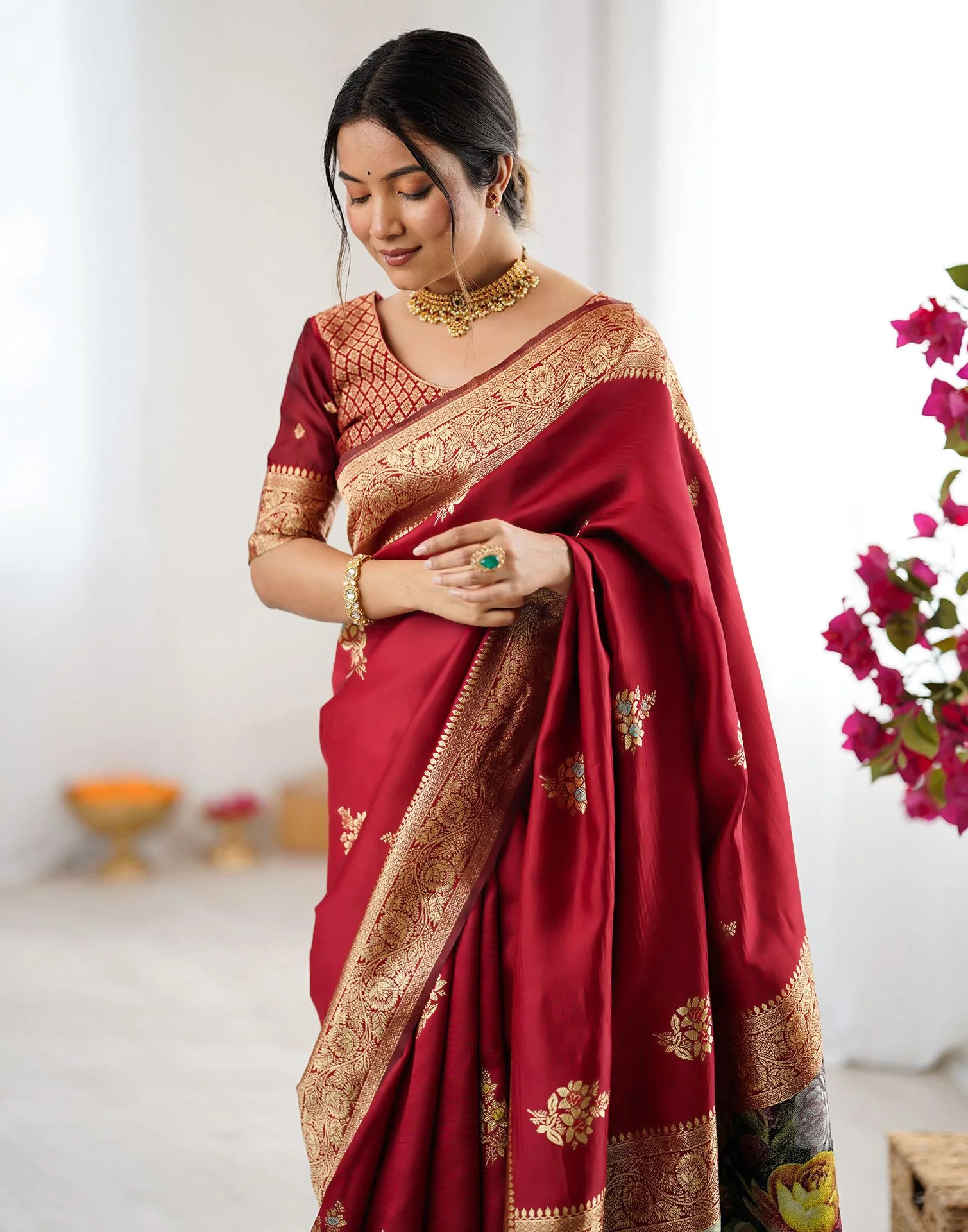 Red Silk Woven Saree - Image 4