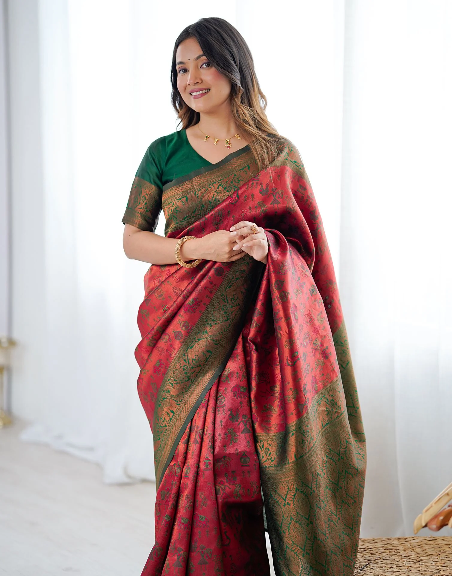 Red Silk Woven Banarasi Saree - Image 2