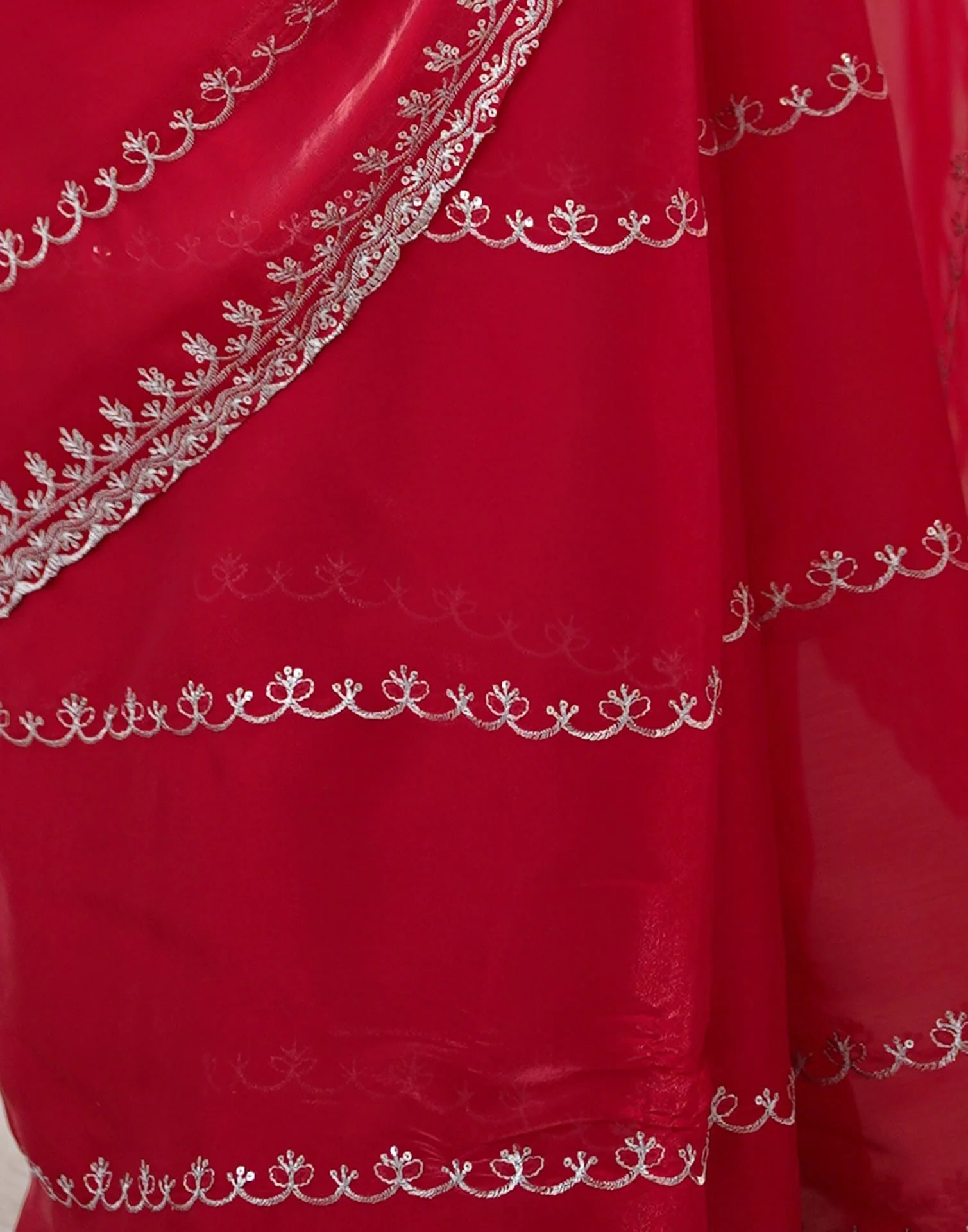 Red Tissue Silk Sequence Embroidery Saree - Image 10