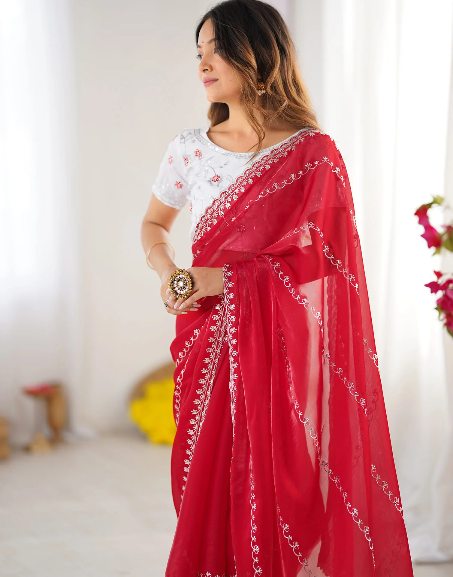 Red Tissue Silk Sequence Embroidery Saree - Image 6