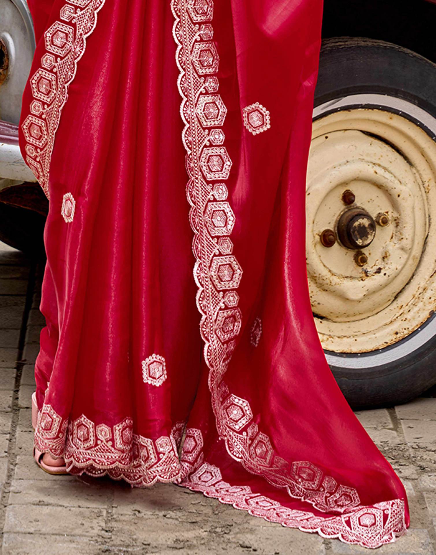 Red Tissue Silk Sequence Embroidery Saree - Image 9