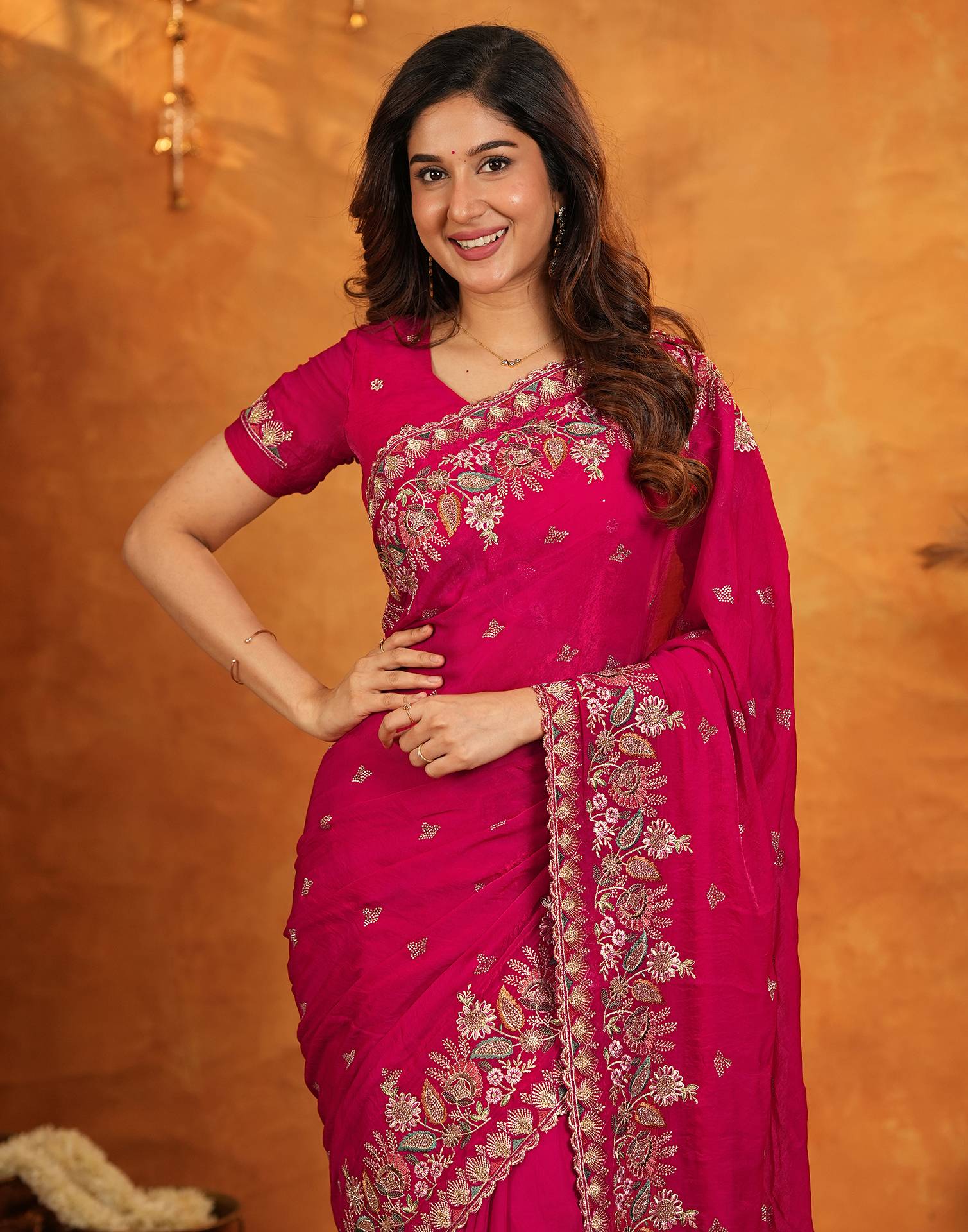 Red Tissue Silk Stone Work Embroidery Saree - Image 4