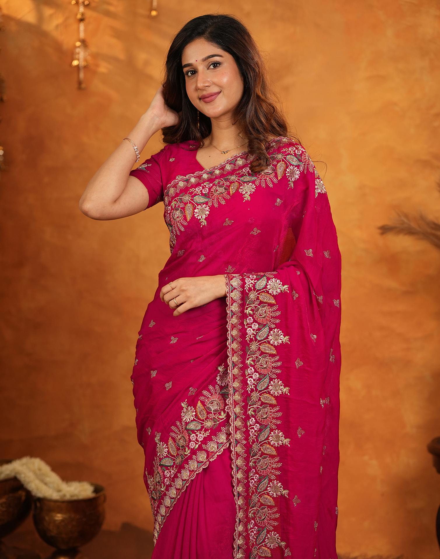 Red Tissue Silk Stone Work Embroidery Saree - Image 5