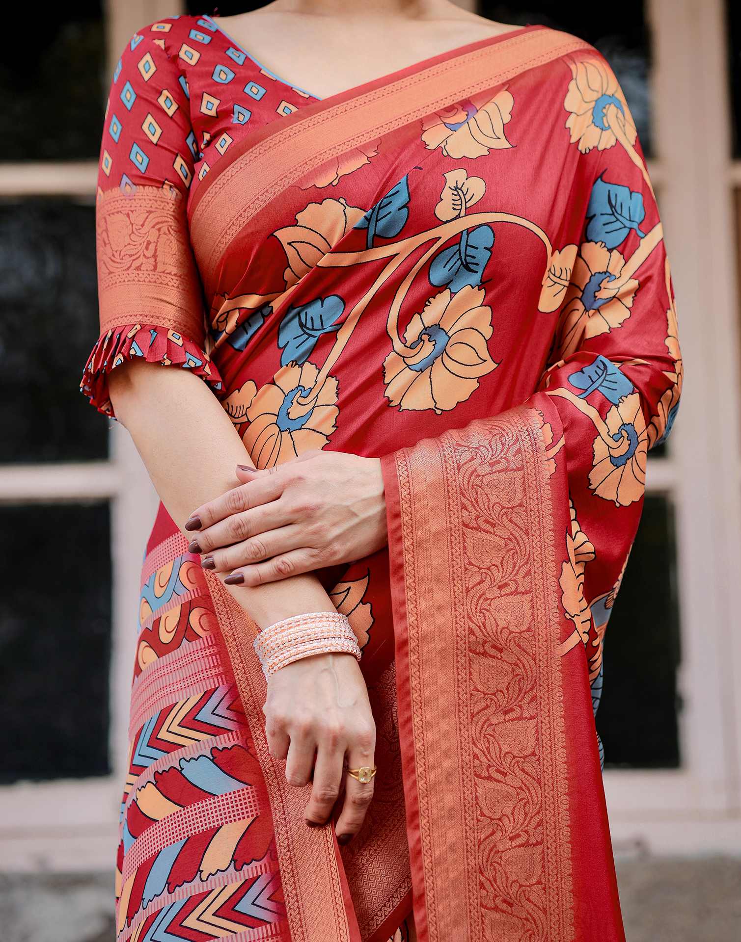 Red Tussar Silk Printed Kalamkari Saree - Image 5