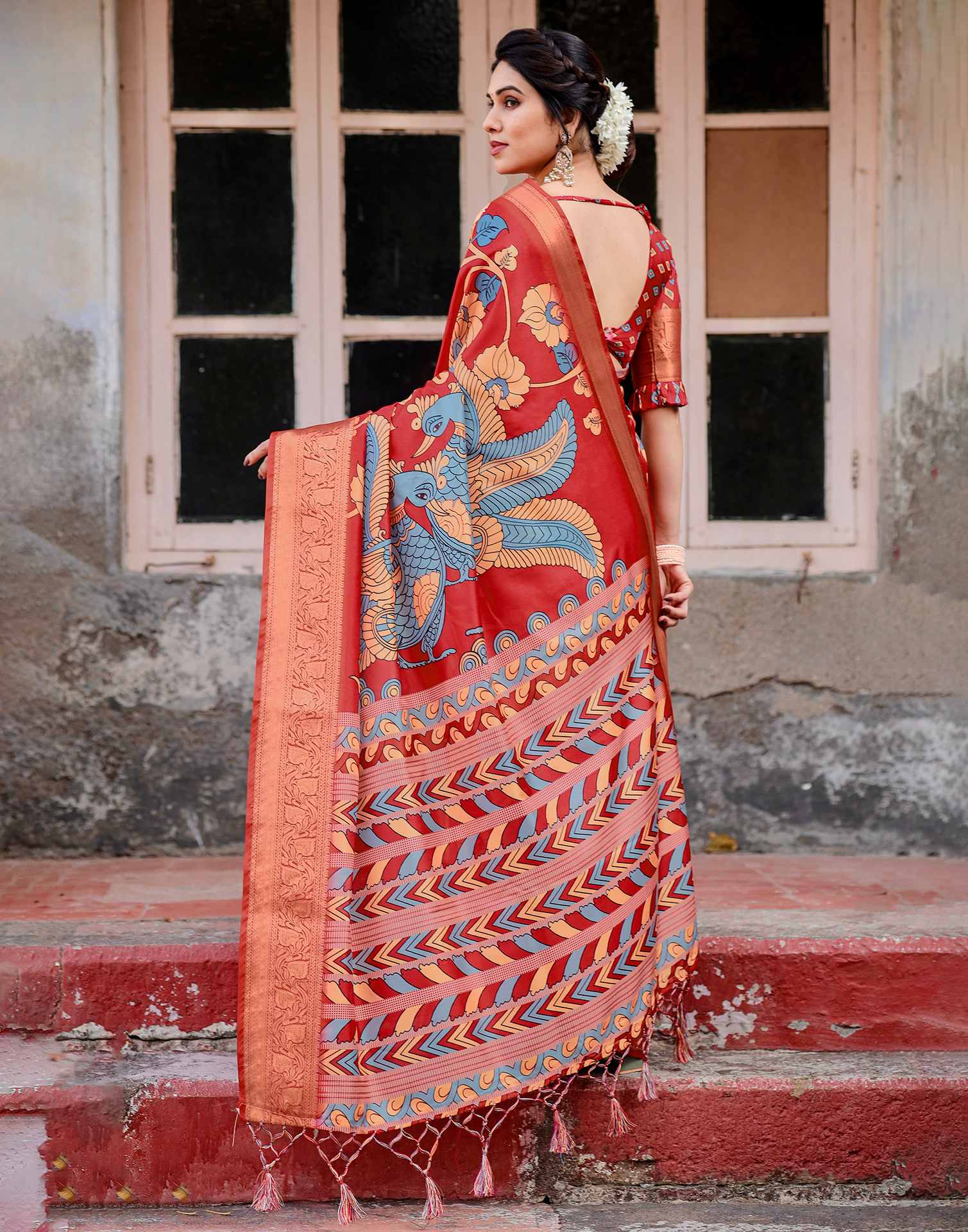 Red Tussar Silk Printed Kalamkari Saree - Image 6
