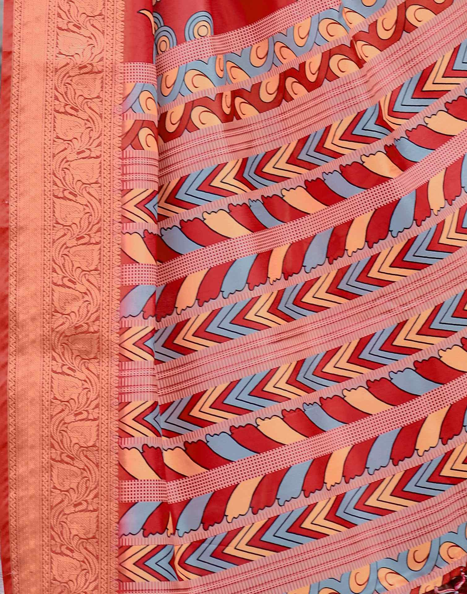 Red Tussar Silk Printed Kalamkari Saree - Image 7