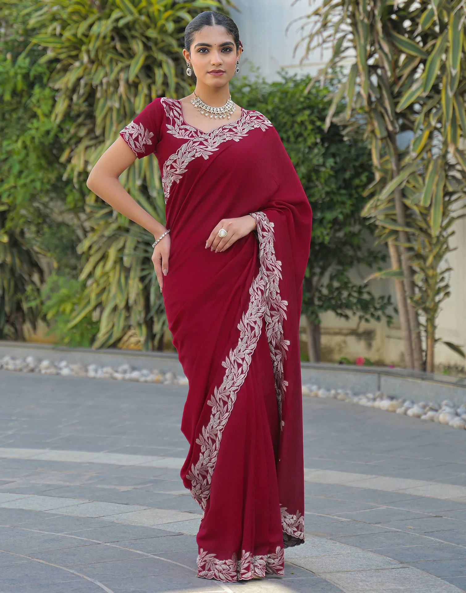 Red Vichitra Silk Embroidery Saree - Image 4