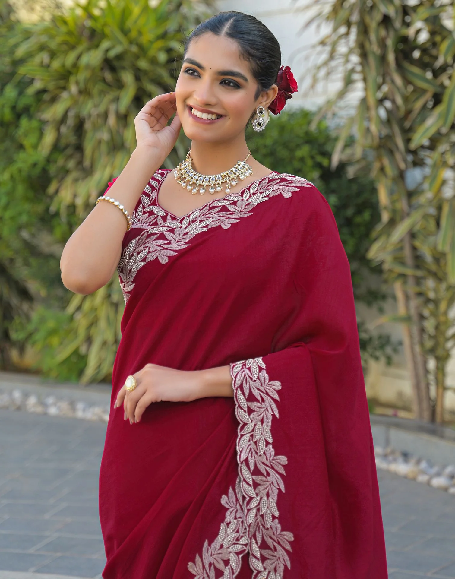 Red Vichitra Silk Embroidery Saree - Image 7