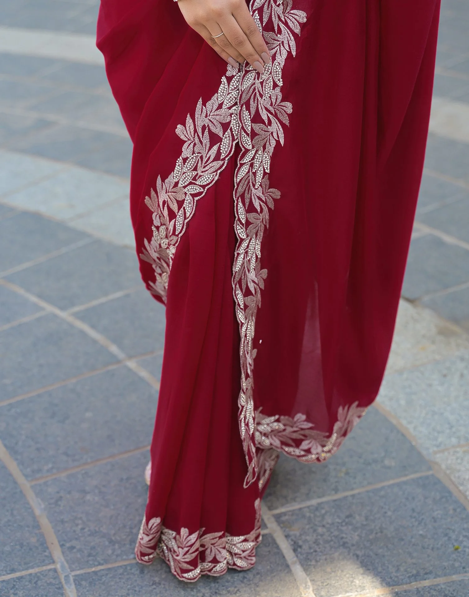 Red Vichitra Silk Embroidery Saree - Image 8