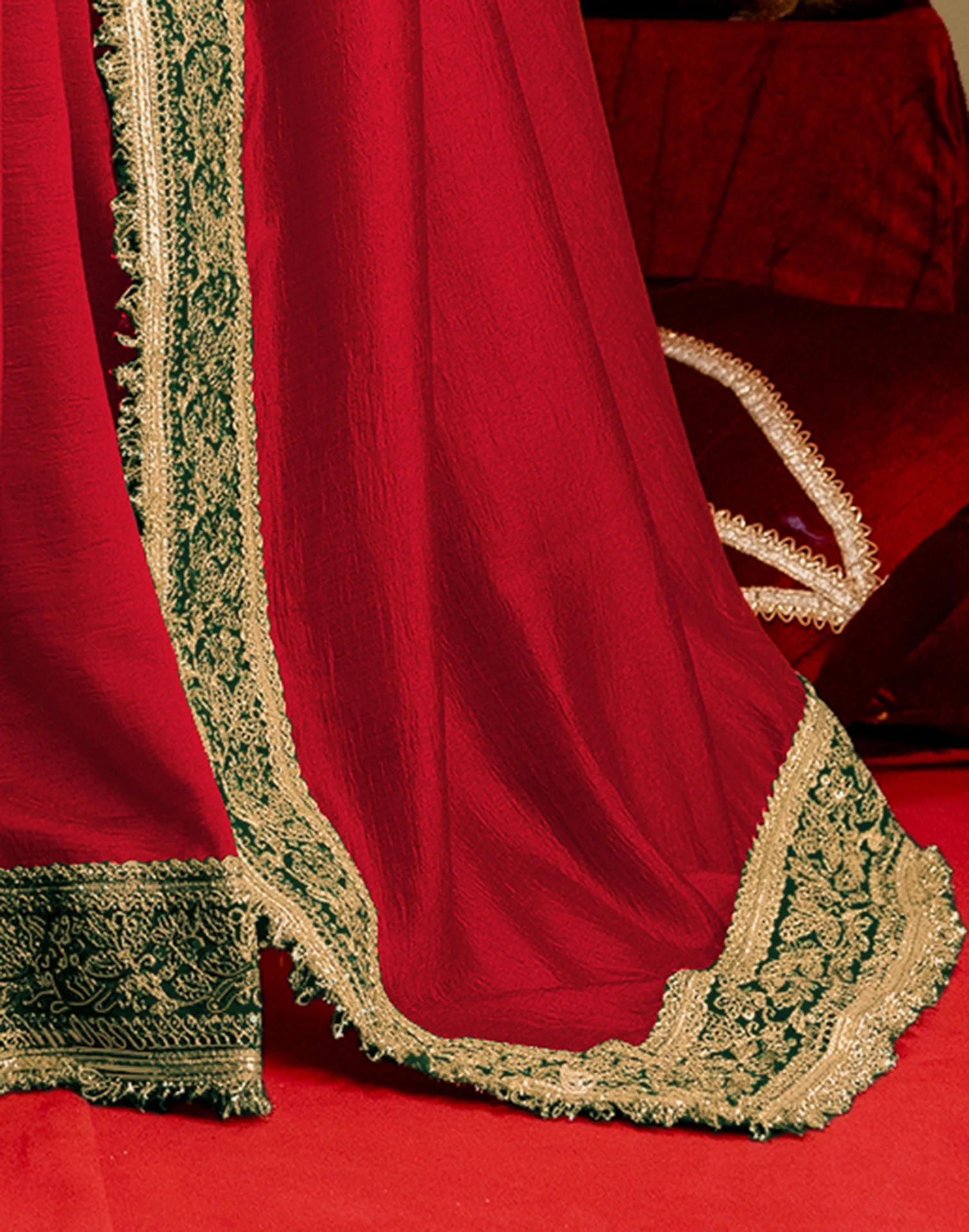 Red Vichitra Silk Sequence Embroidery Lace Saree - Image 9