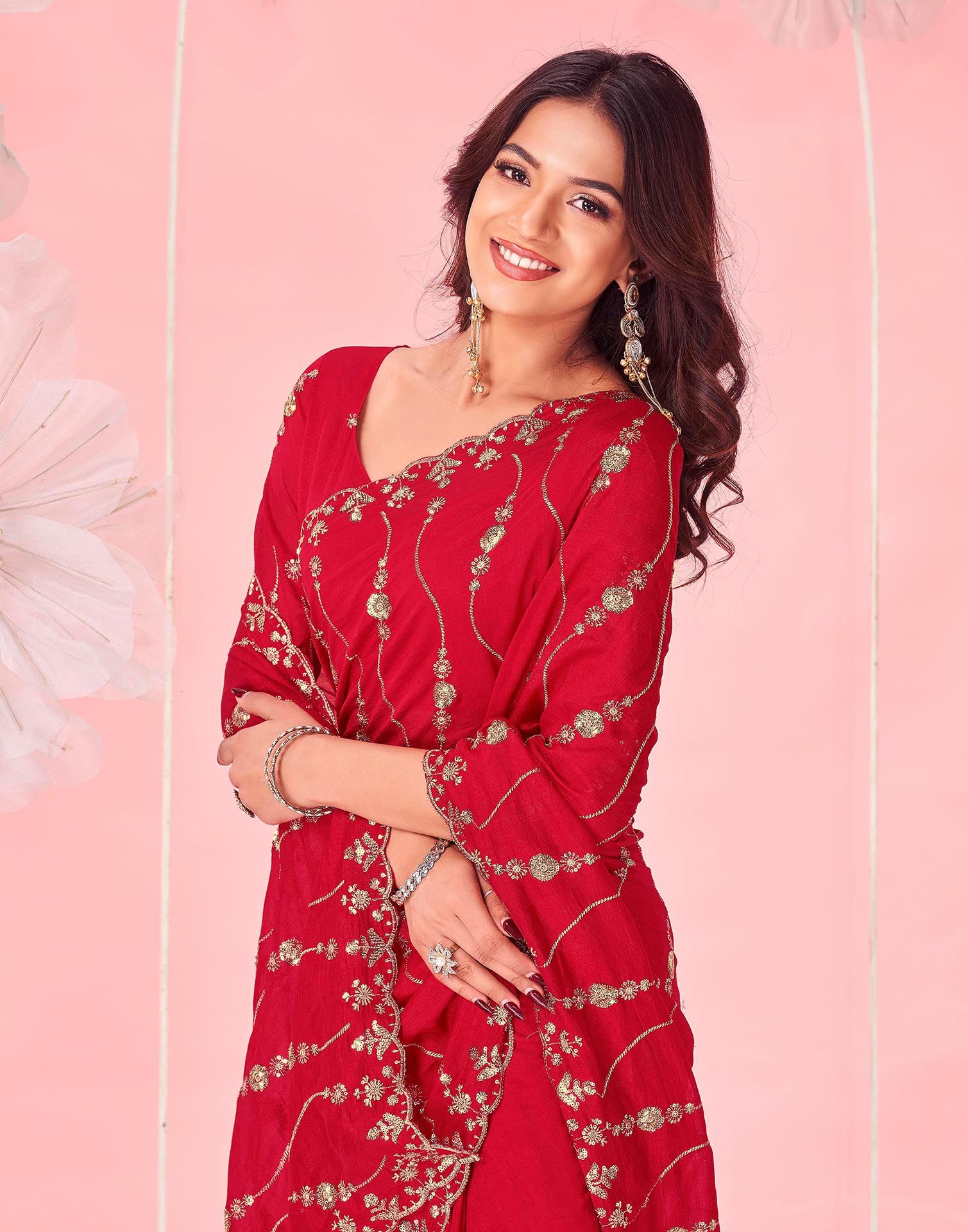 Red Valentine's Vichitra Silk Sequence Embroidery Saree