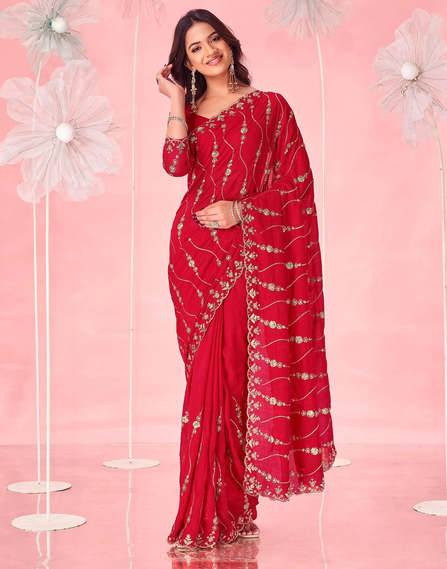 Red Valentine's Vichitra Silk Sequence Embroidery Saree - Image 2
