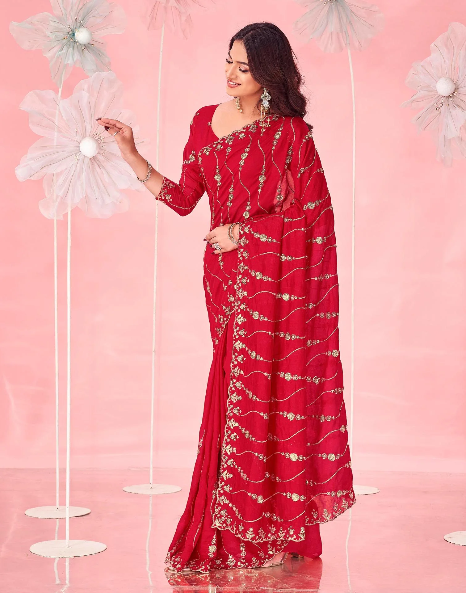 Red Valentine's Vichitra Silk Sequence Embroidery Saree - Image 4