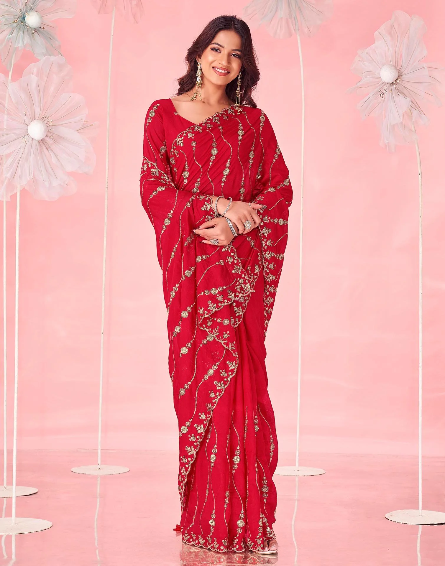 Red Valentine's Vichitra Silk Sequence Embroidery Saree - Image 5