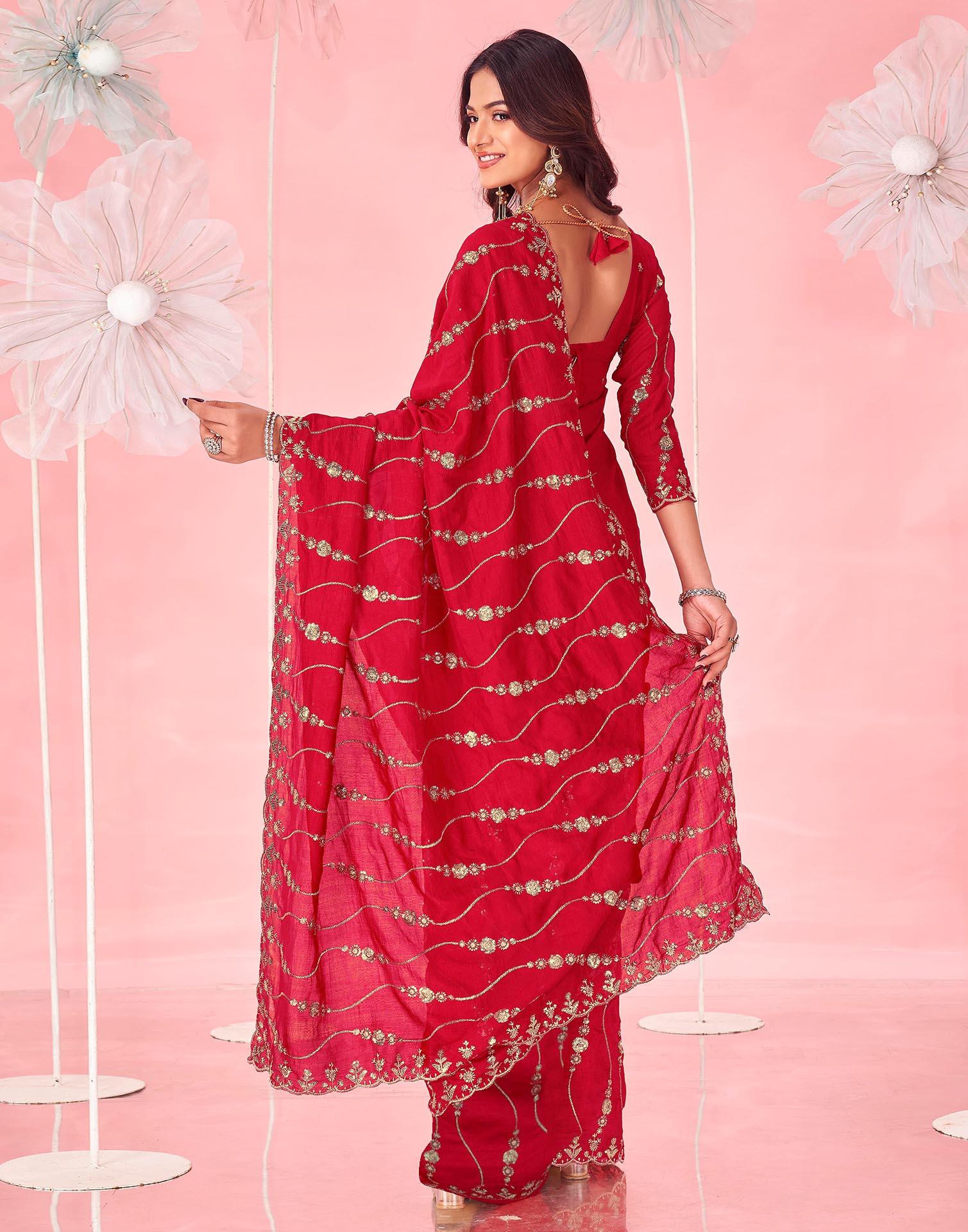 Red Valentine's Vichitra Silk Sequence Embroidery Saree - Image 6