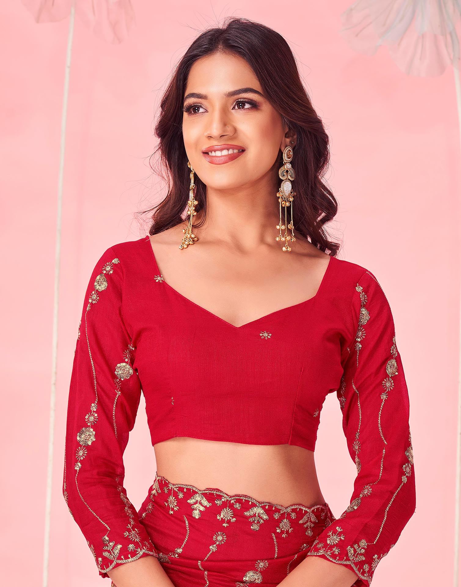 Red Valentine's Vichitra Silk Sequence Embroidery Saree - Image 8