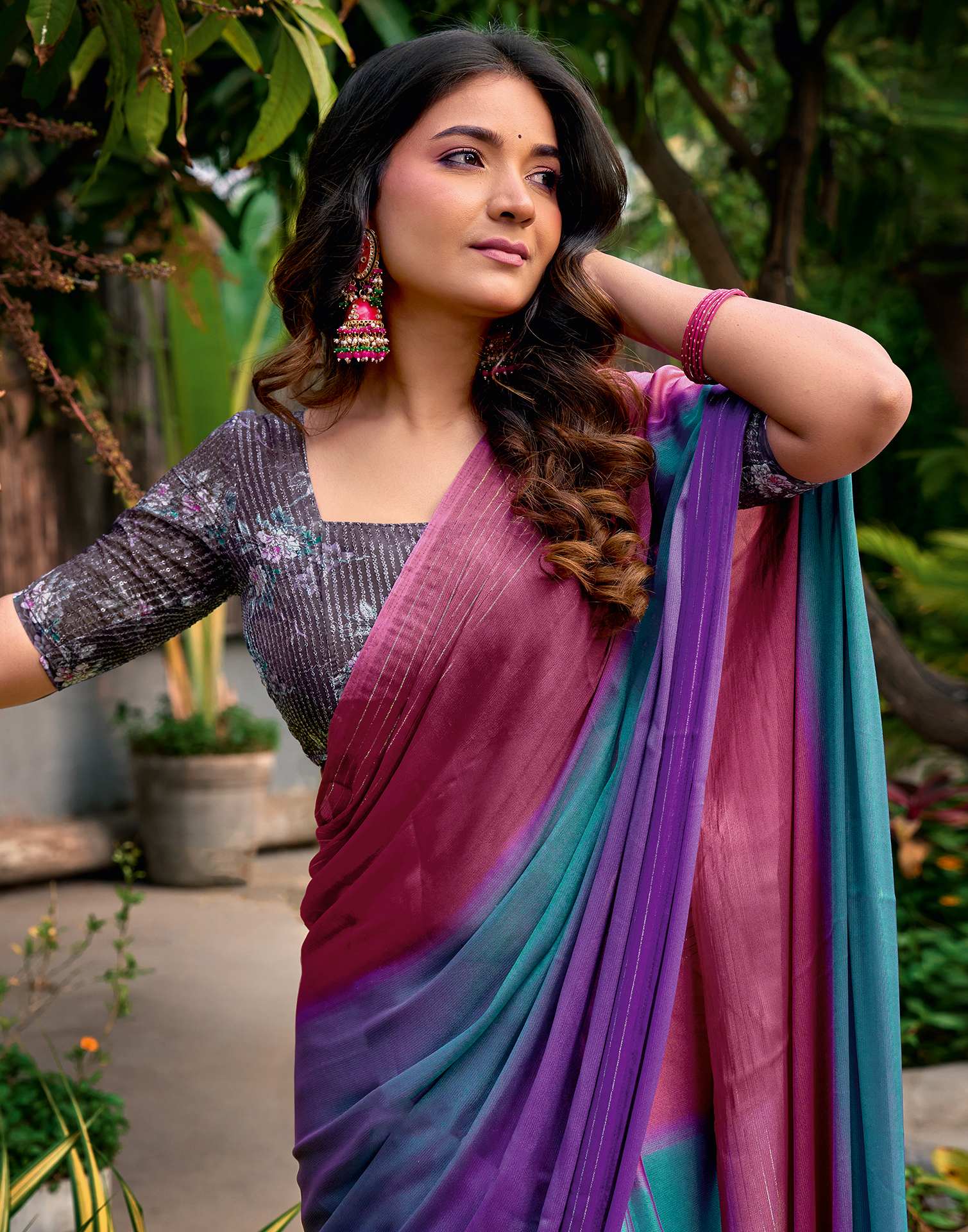 Rose Pink Chiffon Ombre Zari Stripe Saree - Image 2