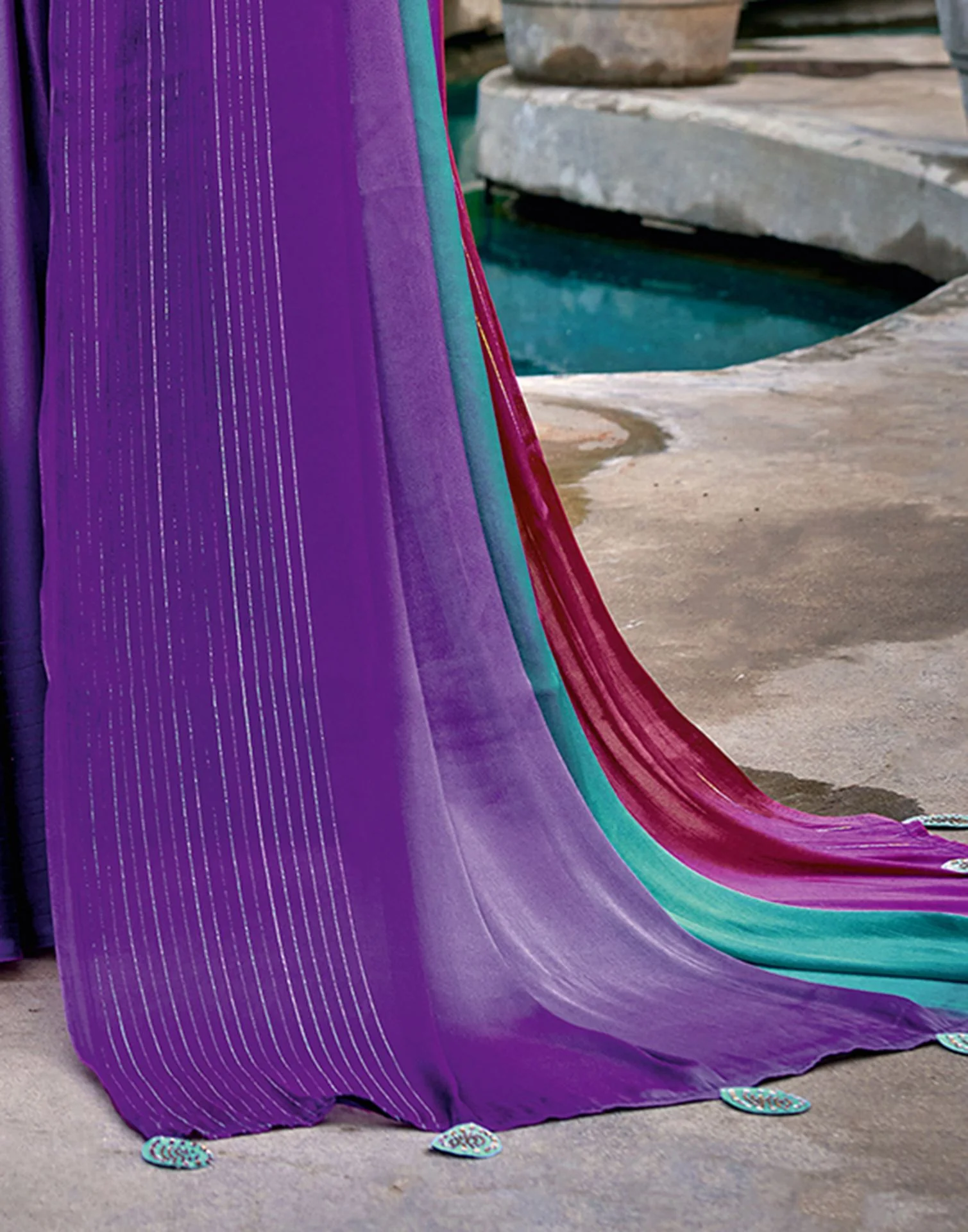 Rose Pink Chiffon Ombre Zari Stripe Saree - Image 4